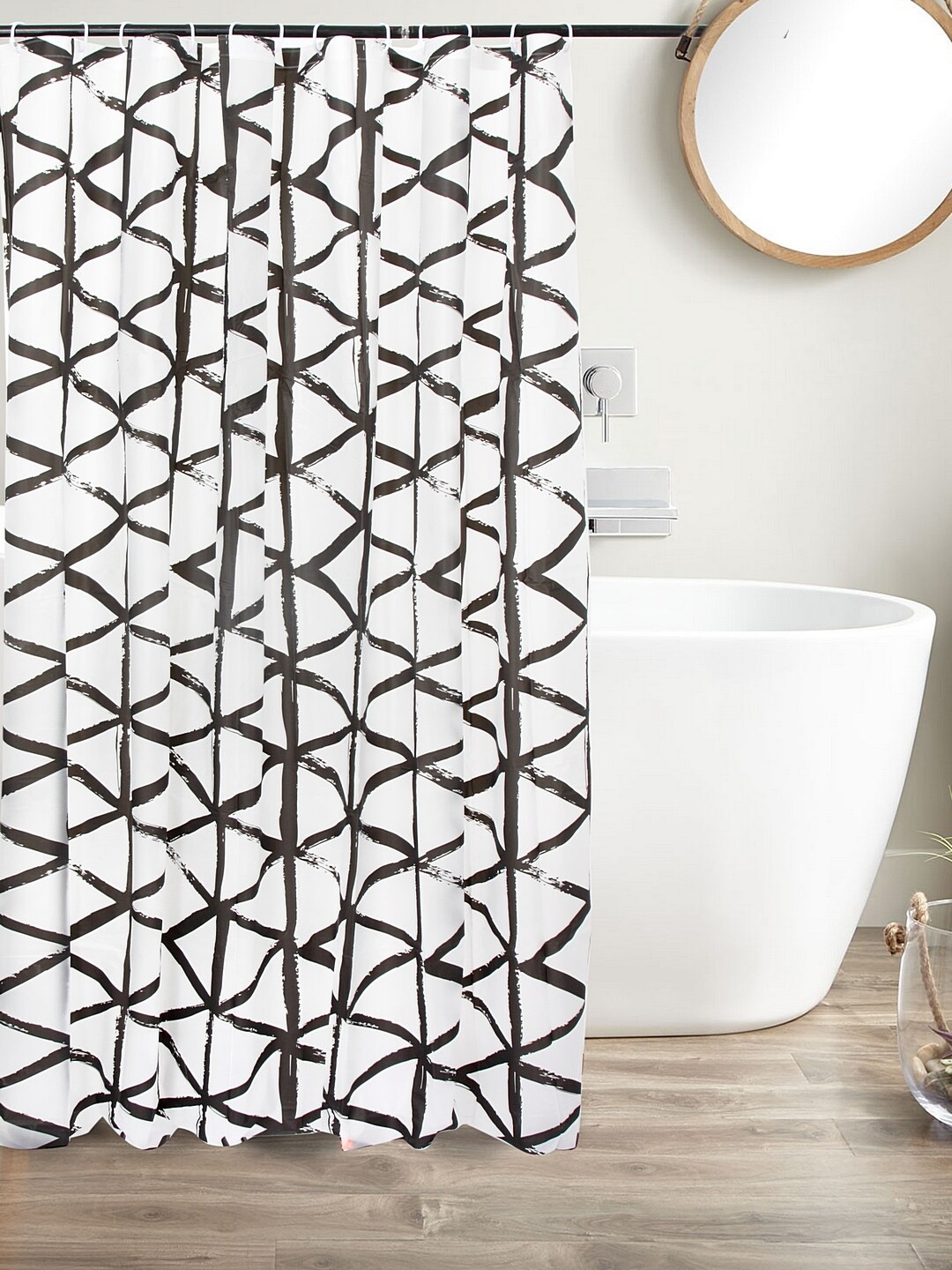 Clasiko White & Brown Printed Sustainable Bath Shower Curtain With Hooks