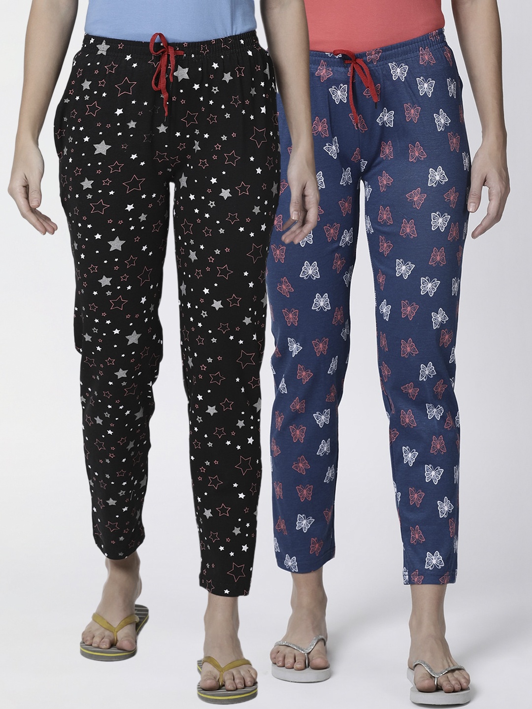 

Kryptic Women Pack Of 2 Navy Blue & Black Printed Lounge Pants
