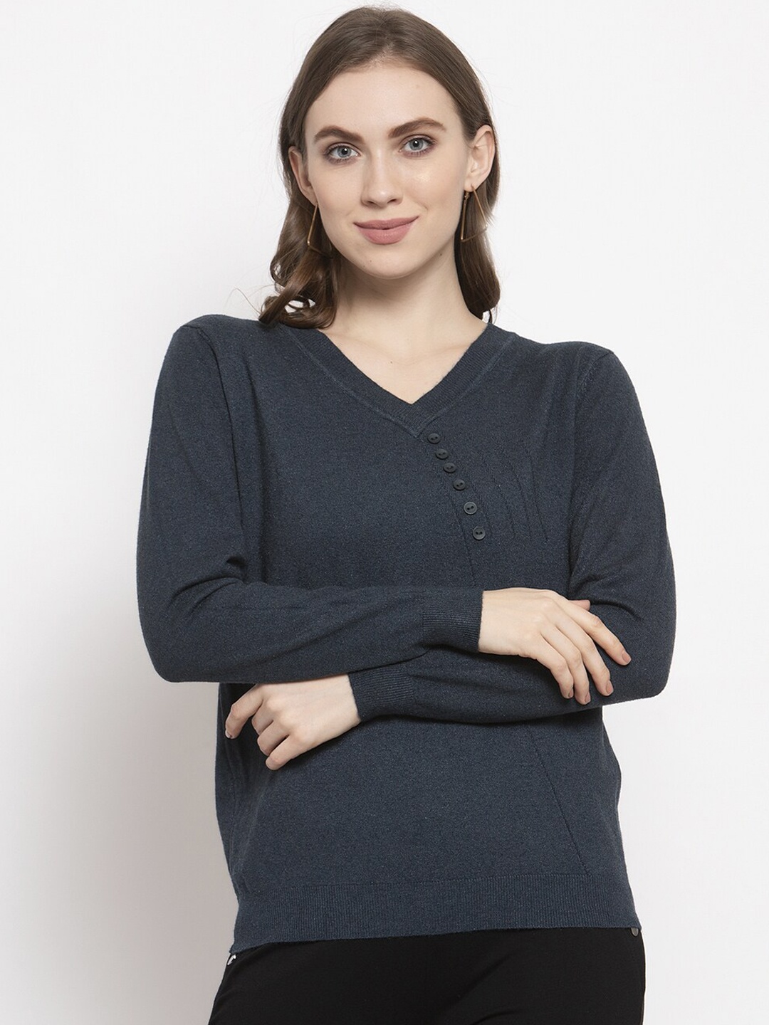 

Gipsy Women Teal Blue Solid Pullover Acrylic Sweater