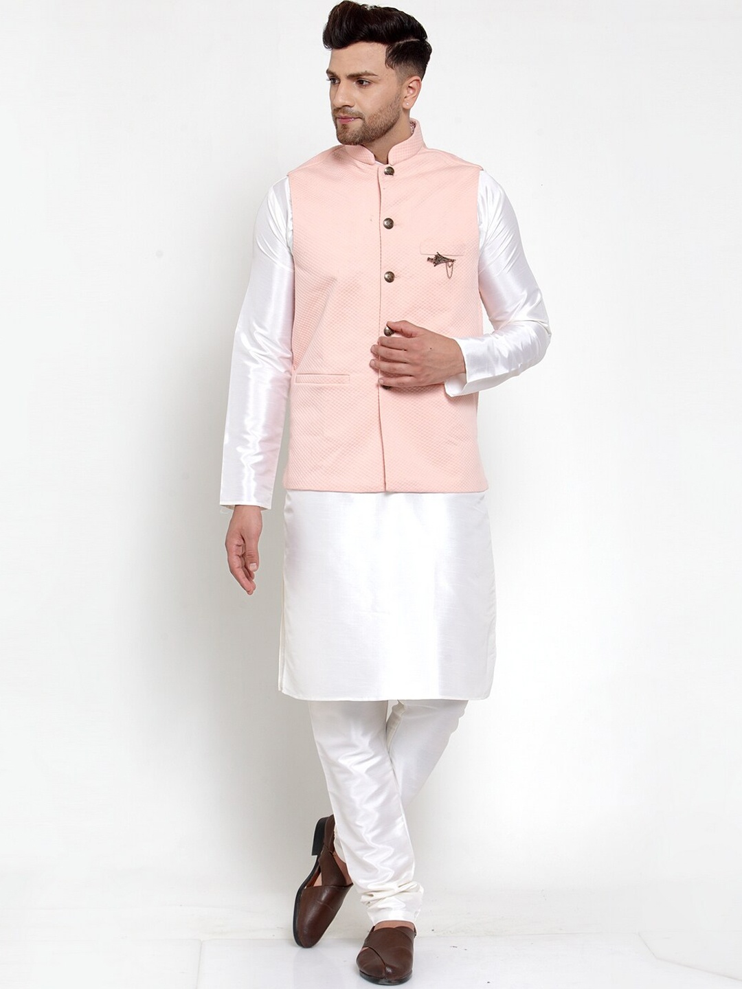 

Jompers Men White Solid Kurta with Pyjamas and Nehru Jacket