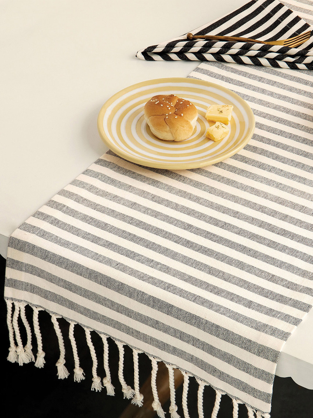 

ellementry Black & Beige Striped Table Runner