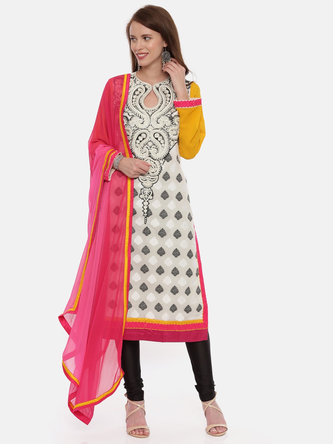 

Neerus Women Cream-Coloured Embroidered Kurta with Churidar & Dupatta