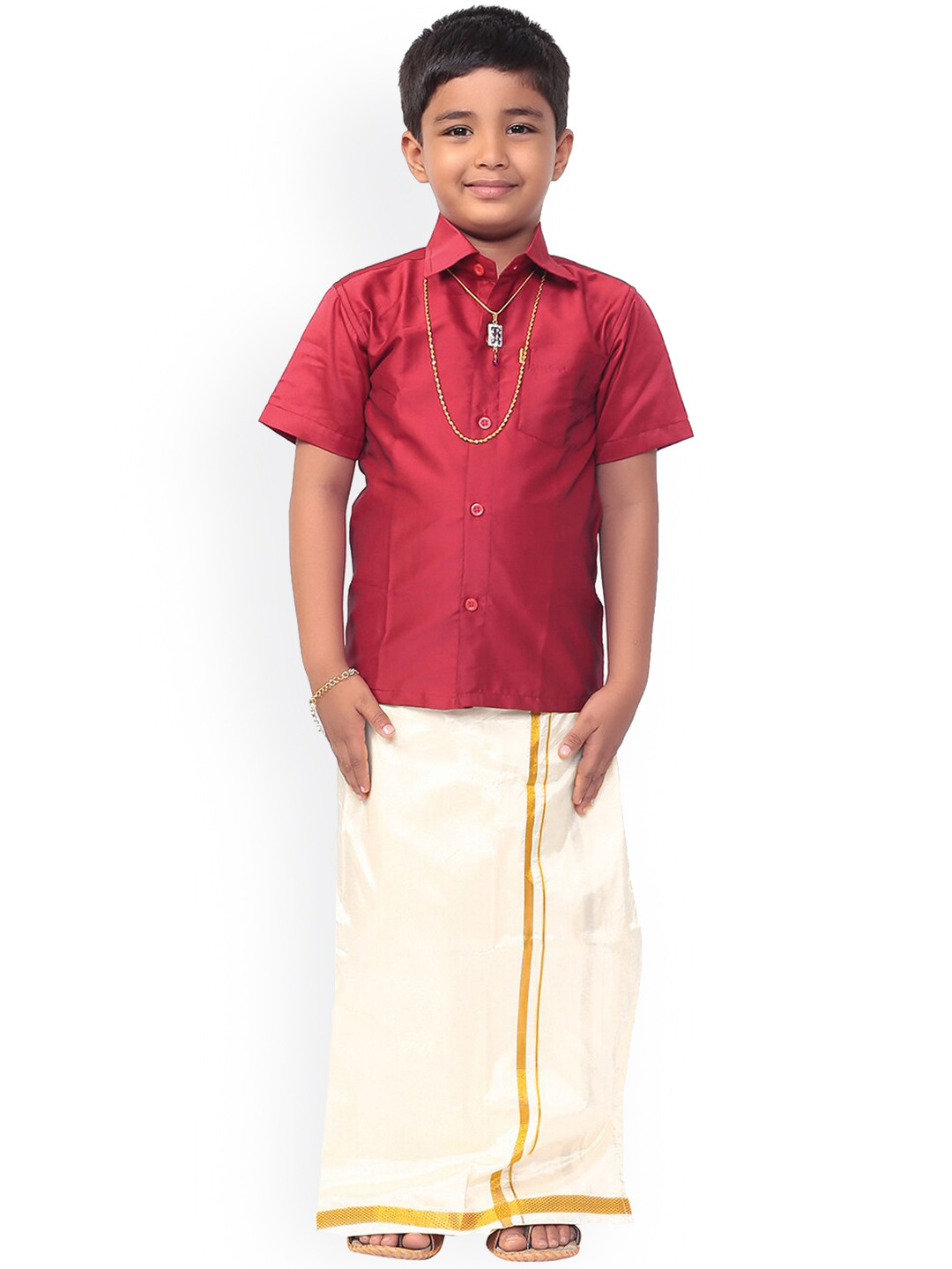 

Thangamagan Boys Maroon & Off-White Solid Shirt and Veshti