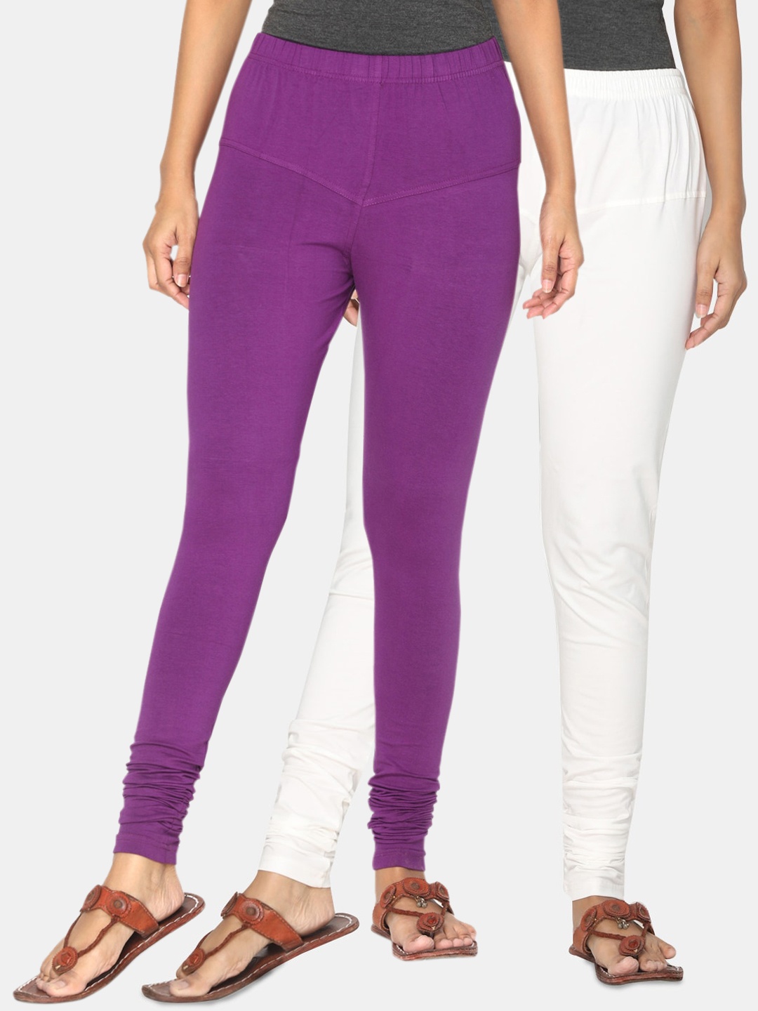

TSG Bliss Women Pack Of 2 Off-White & Purple Solid Churidar-Length Leggings