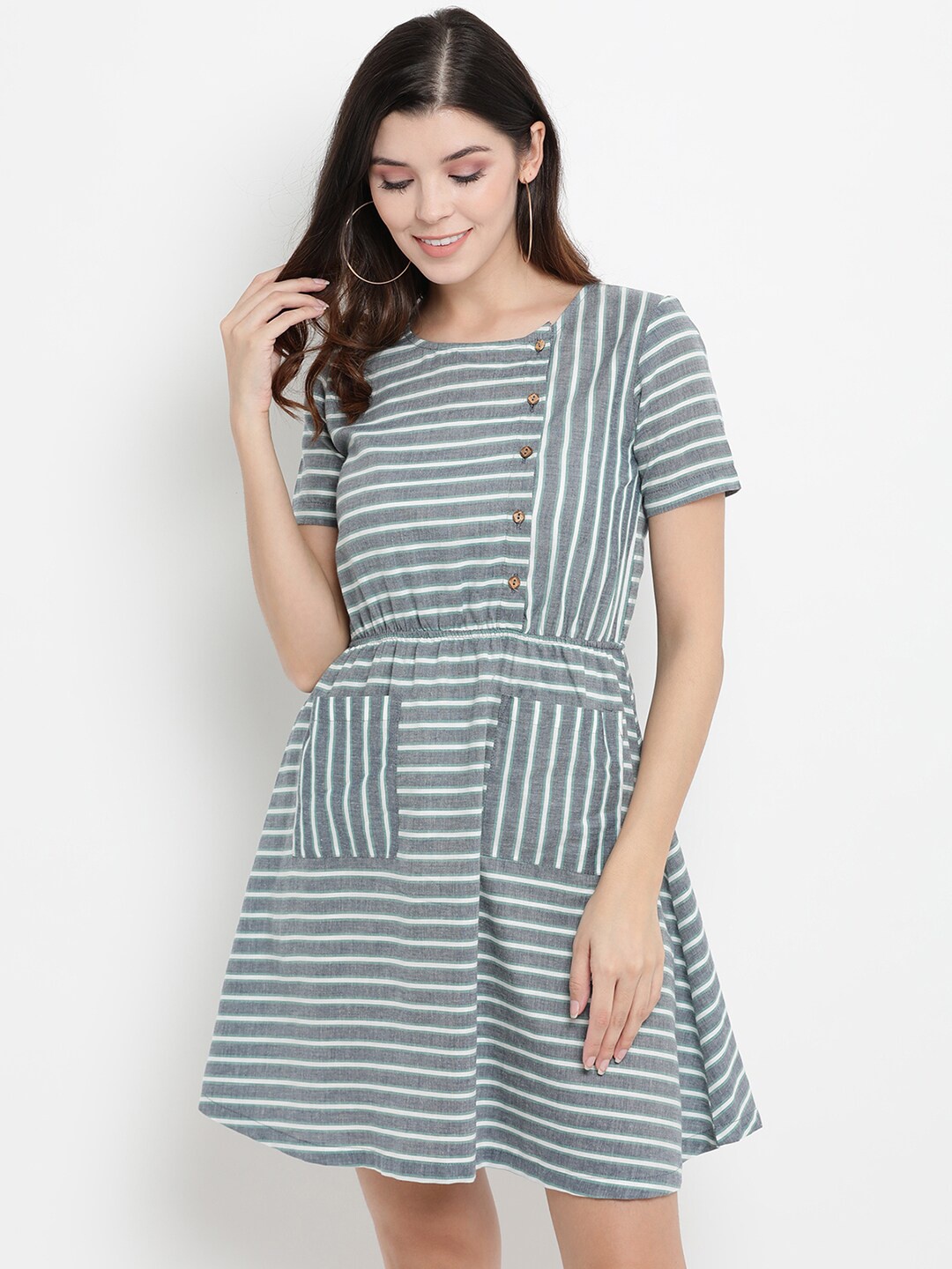 

THREAD MUSTER Women Grey Striped Fit and Flare Dress