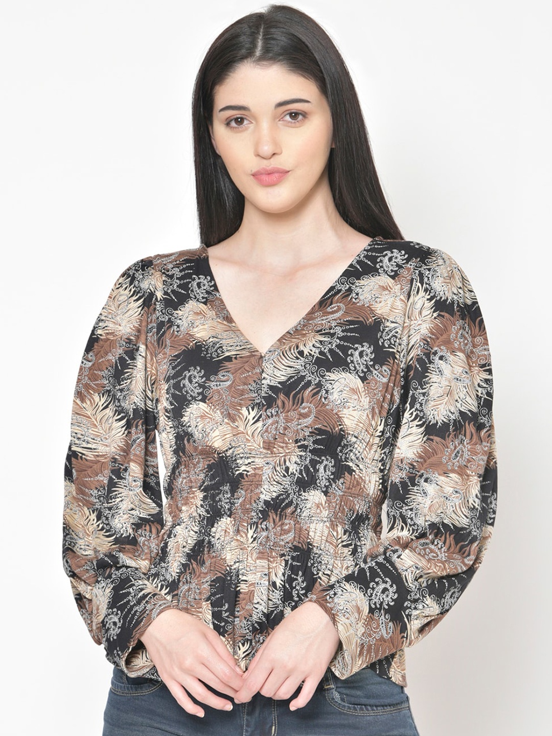 

Cation Women Black & Brown Printed Top