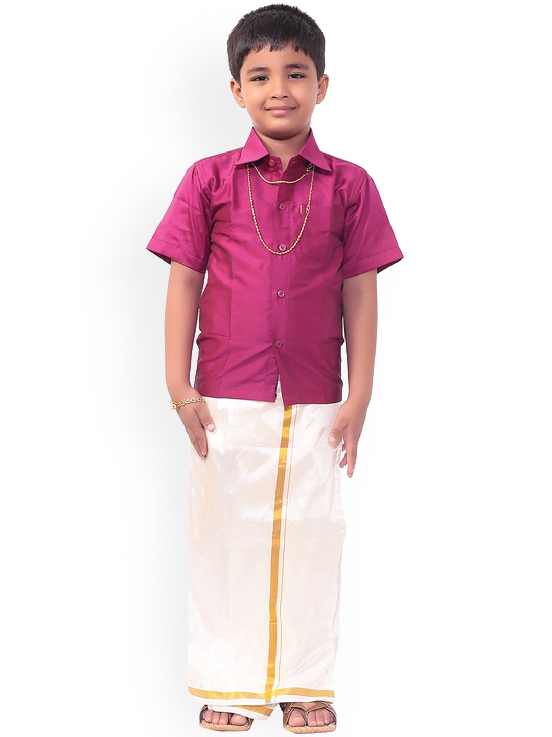 

Thangamagan Boys Magenta & Off-White Solid Shirt and Veshti