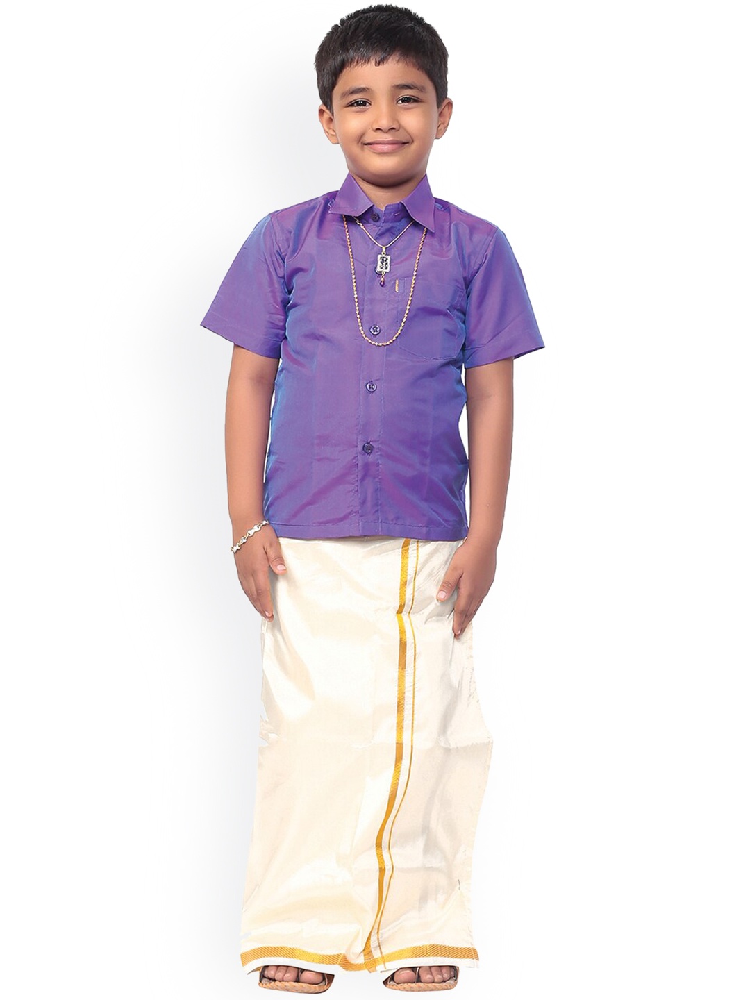 Thangamagan Boys Purple & White Solid Shirt and Veshti