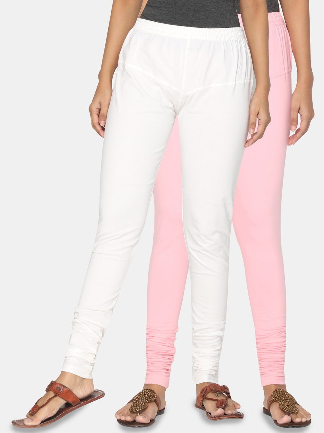 

TSG Bliss Women Pack Of 2 Off-White & Pink Solid Churidar-Length Leggings