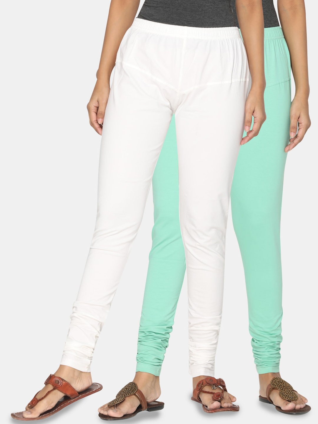 

TSG Bliss Women Pack Of 2 Off-White & Blue Solid Churidar-Length Leggings