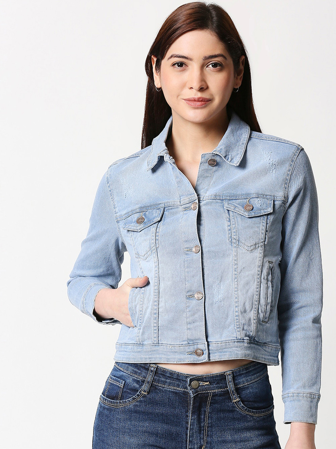 

High Star Women Blue Solid Stretchable Denim Jacket