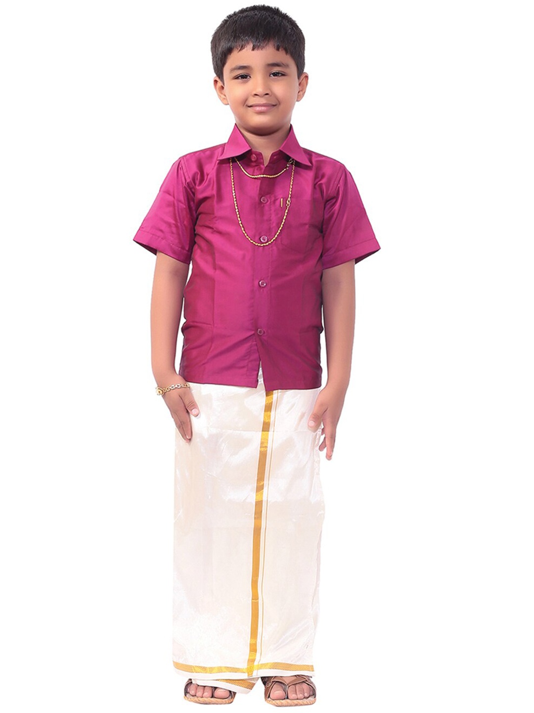 

Thangamagan Boys Pink & Off-White Solid Shirt and Veshti