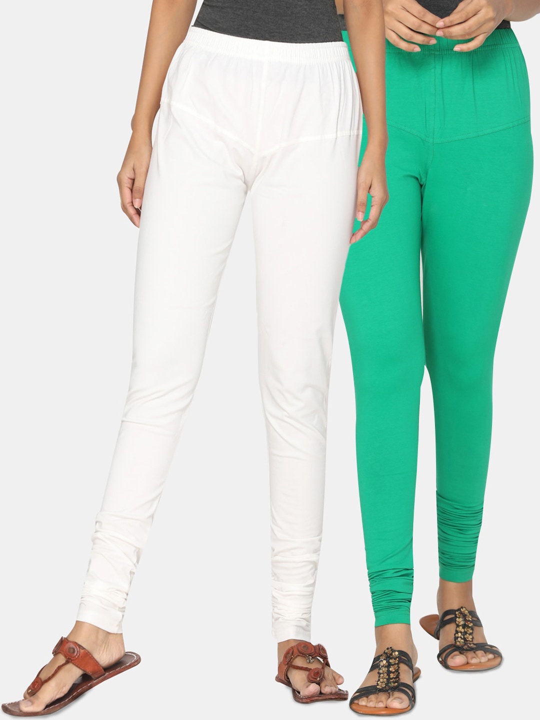 

TSG Bliss Women Pack Of 2 Off-White & Green Solid Churidar-Length leggings