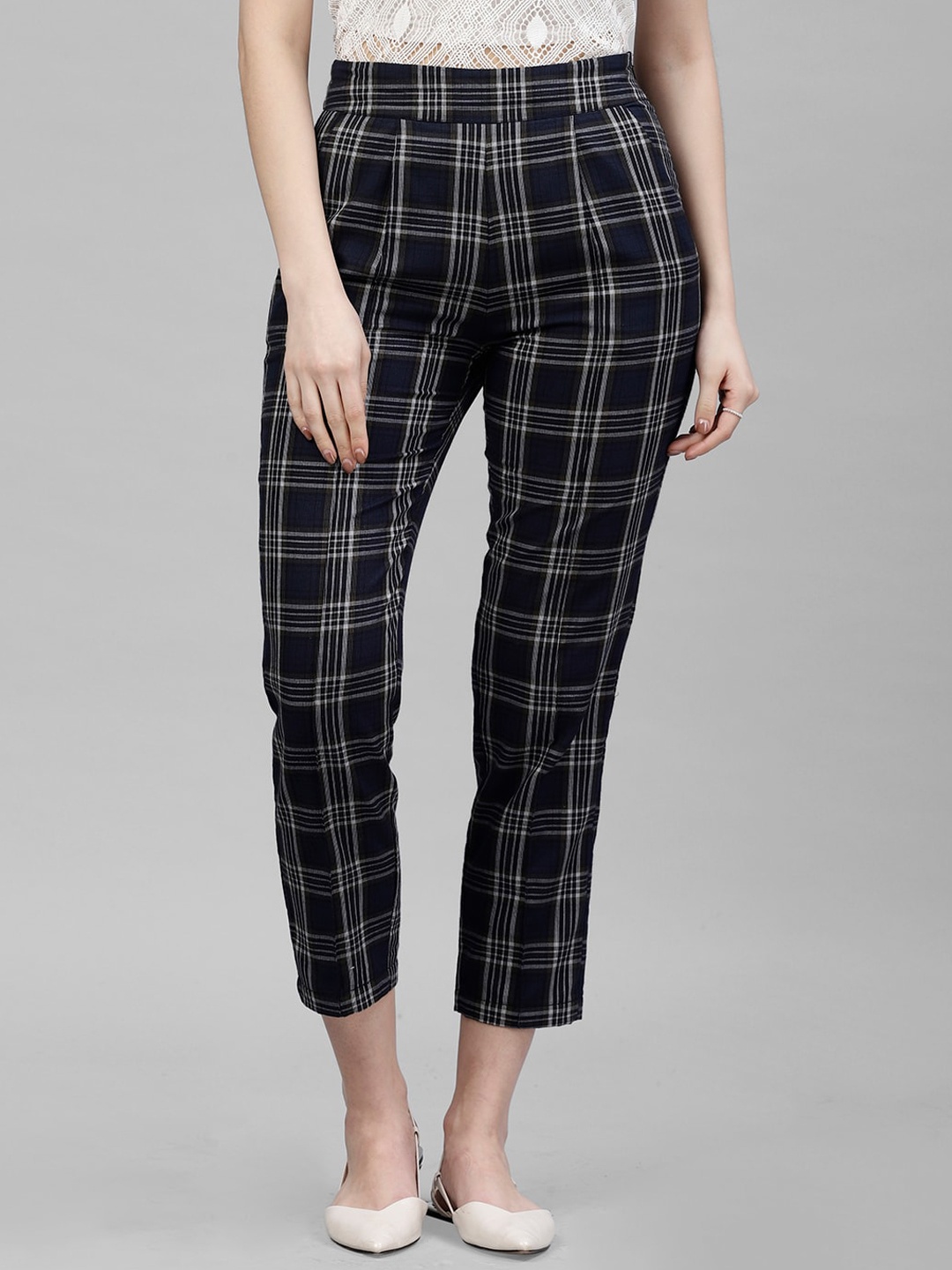 KASSUALLY Women Navy Blue Regular Fit Checked Regular Trousers