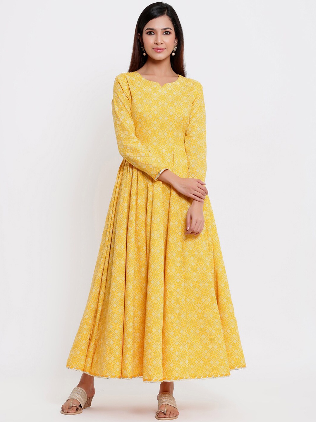 

Indian Virasat Women Yellow & Off-White Printed Maxi Dress