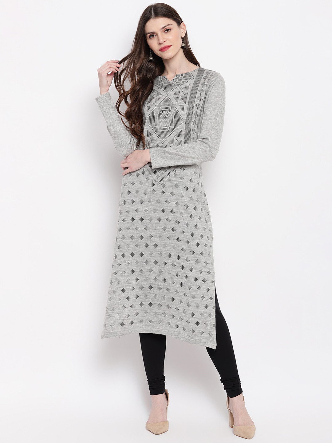 

Janasya Women Grey Woven Design Straight Winter Kurta