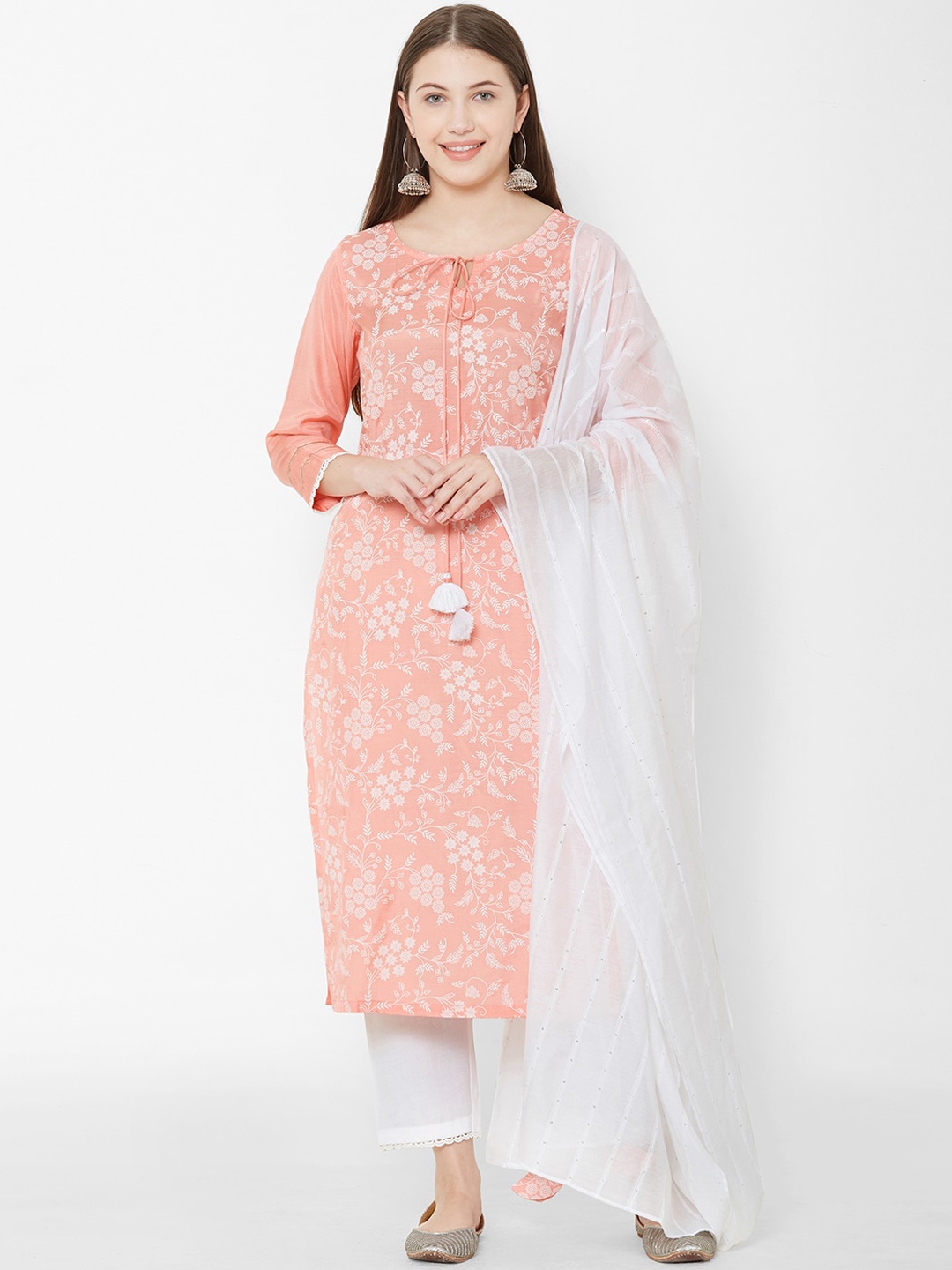 

Os Women Peach-Coloured & White Printed Kurta with Trousers & Dupatta