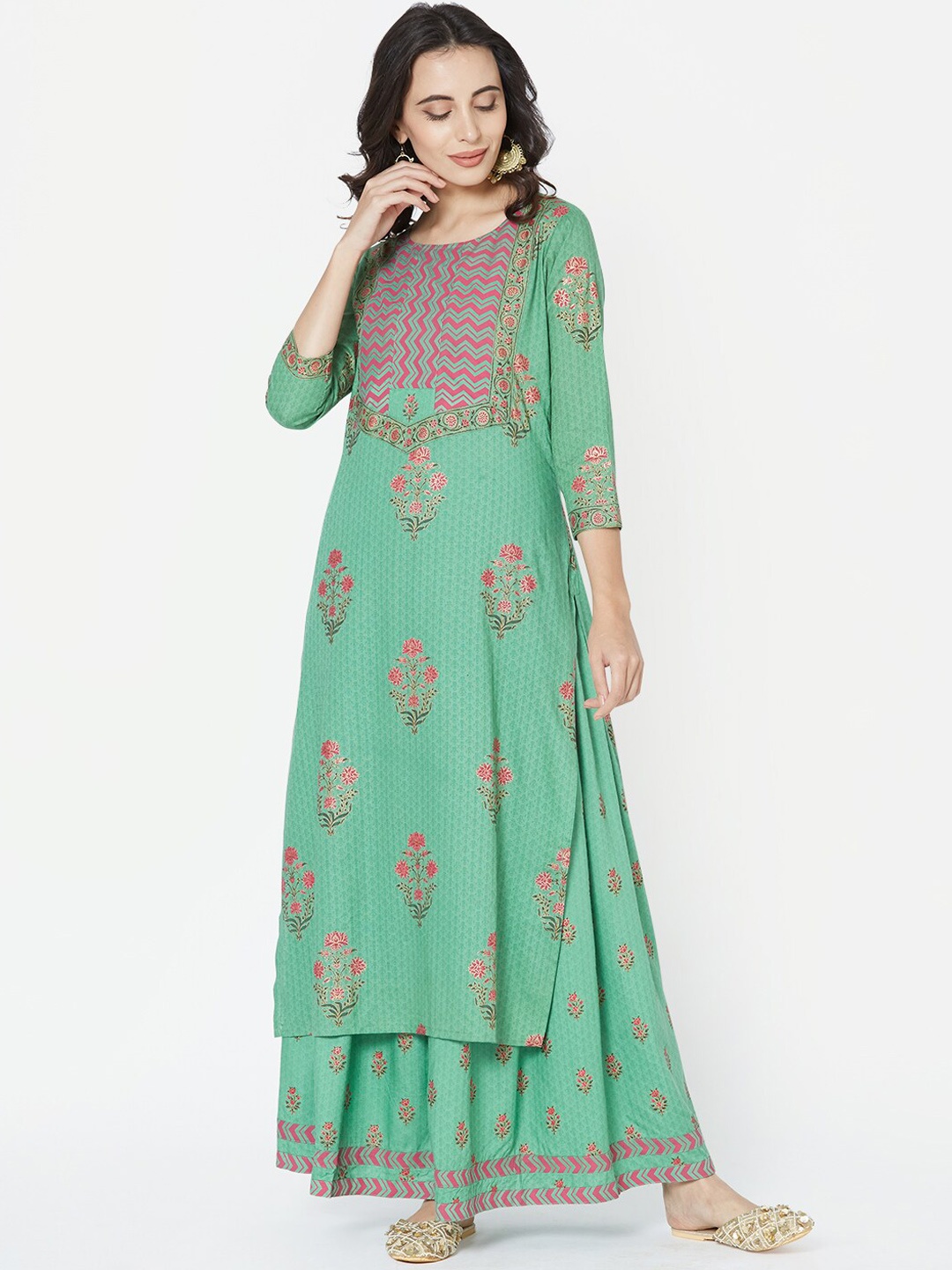 

FASHOR Women Green Ethnic Motifs Printed Regular Kurta with Skirt