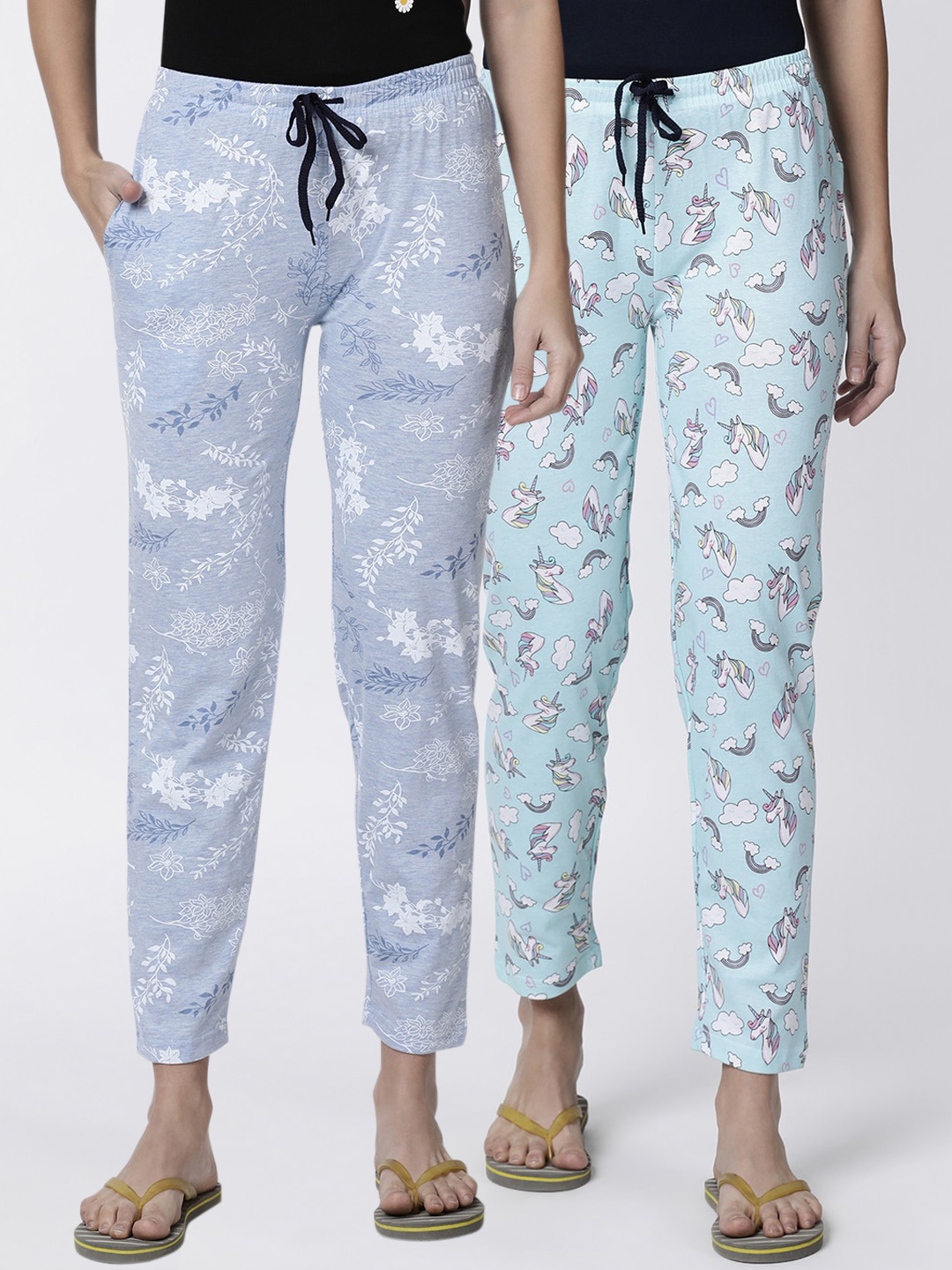 

Kryptic Women Pack Of 2 Blue & White Printed Lounge Pants