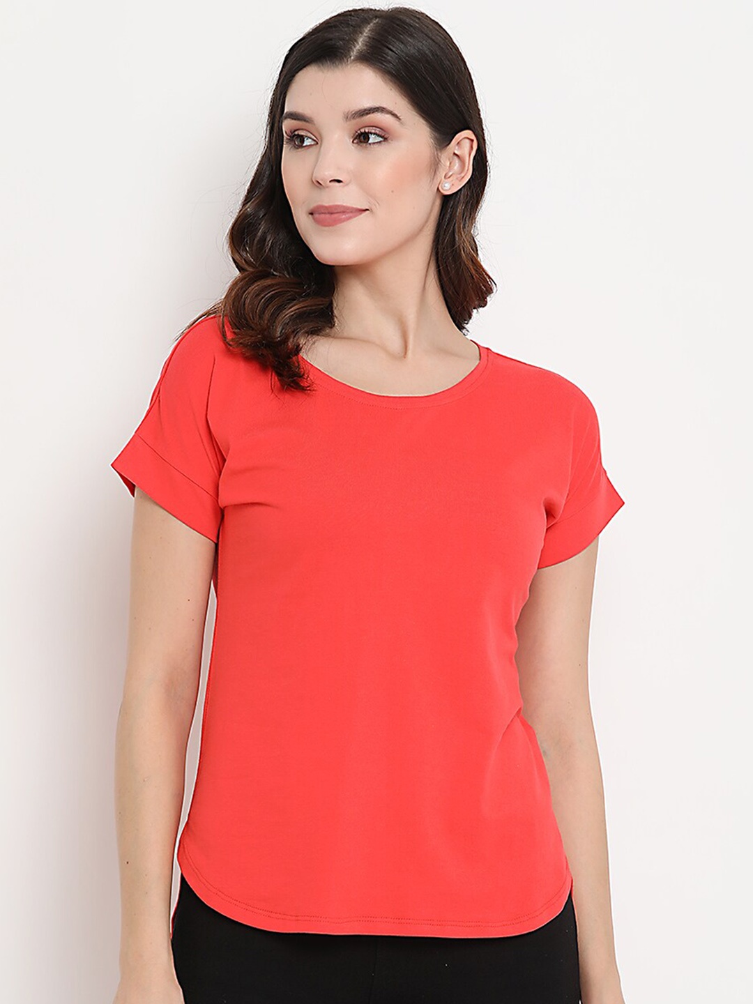 

THREAD MUSTER Women Orange Solid Pure Cotton Tshirt