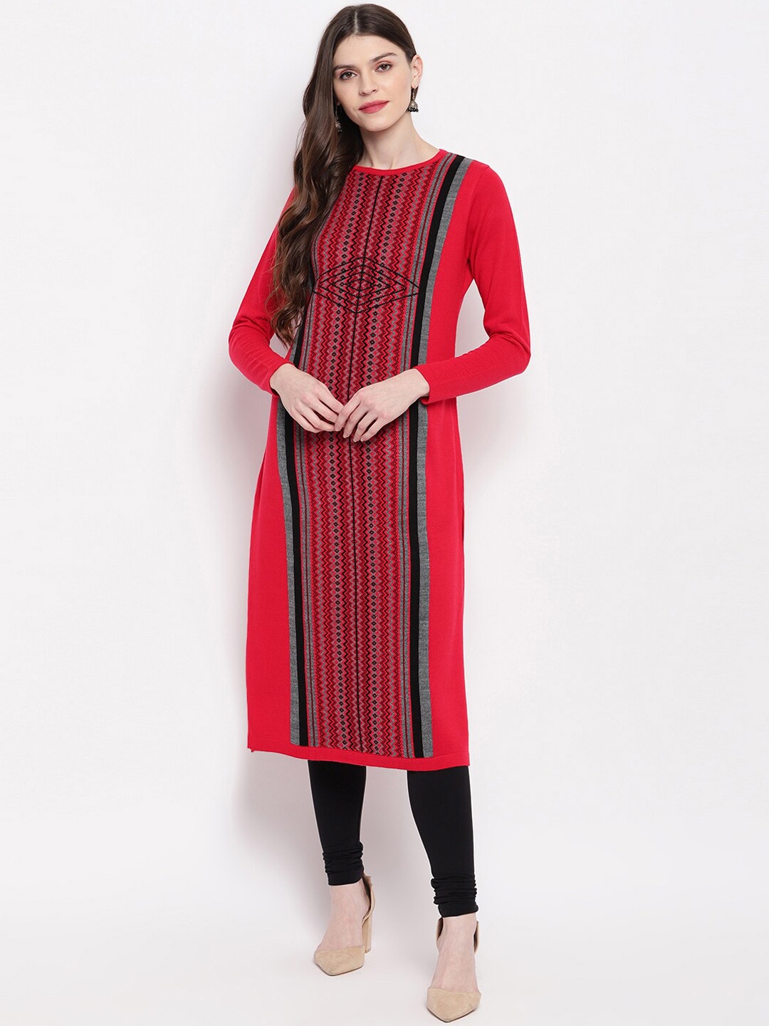 

Janasya Women Red & Grey Woven Design Acrylic Straight Kurta