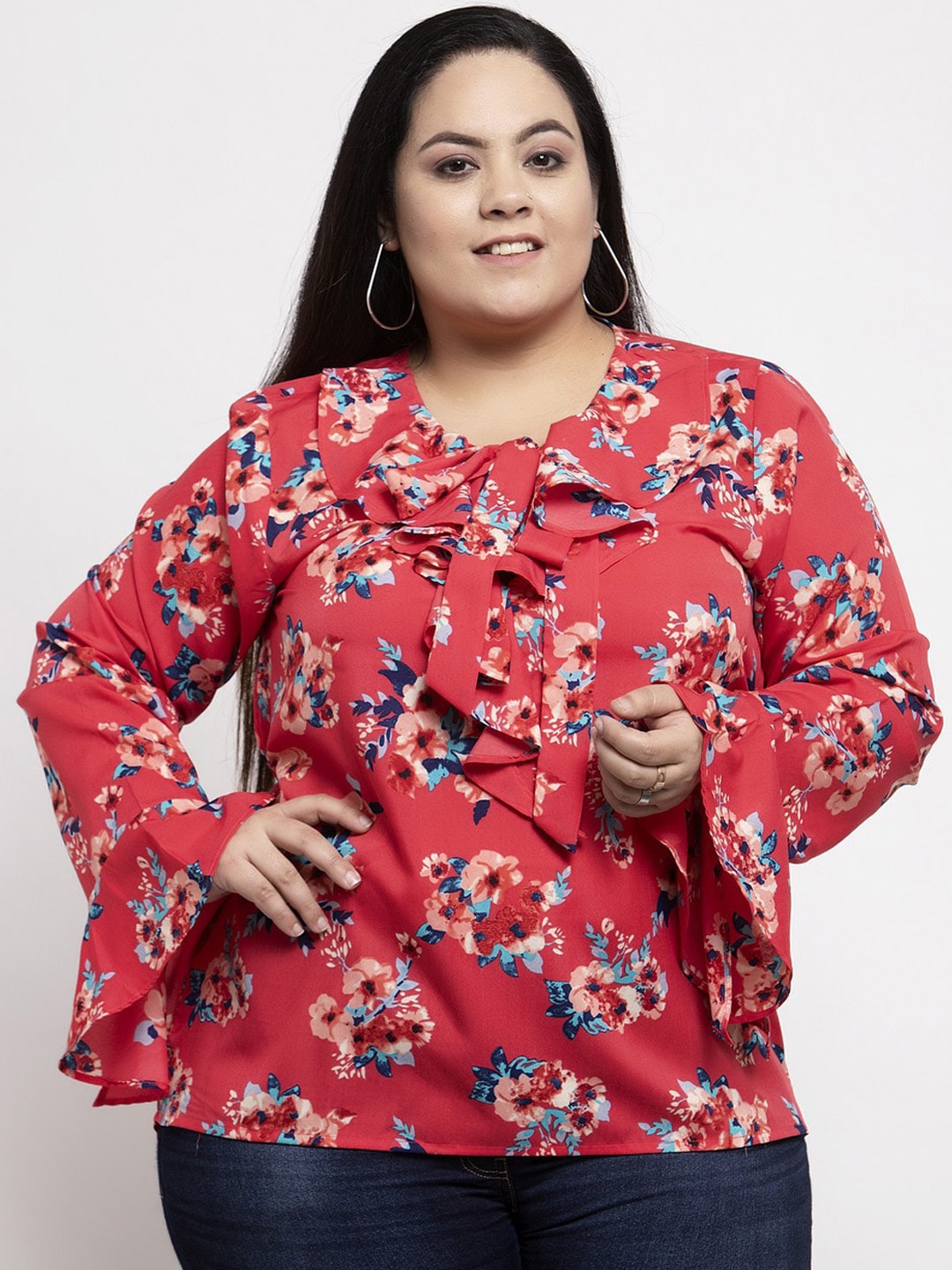 

Flambeur Red Floral Printed Bell Sleeves Crepe Top
