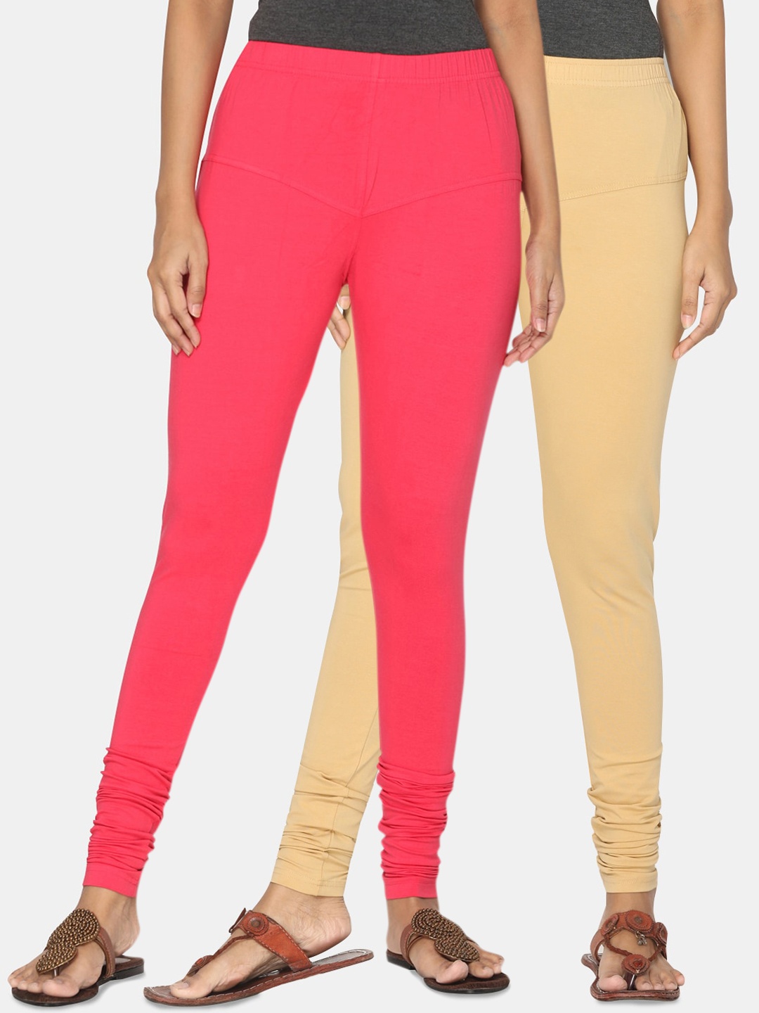 

TSG Bliss Women Pack Of 2 Beige & Rose Pink Solid Churidar-Length leggings