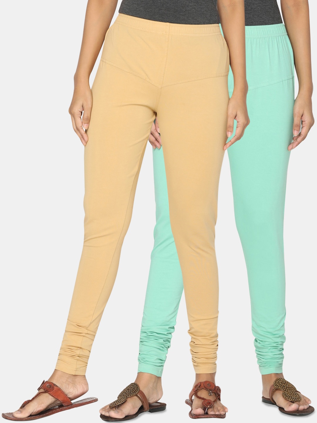 

TSG Bliss Women Pack Of 2 Beige & Blue Solid Churidar-Length leggings