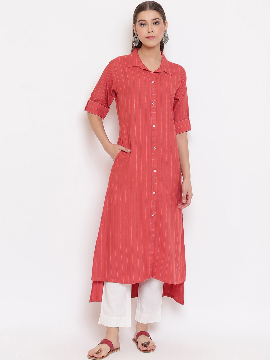 

Janasya Women Orange Striped A-Line Kurta