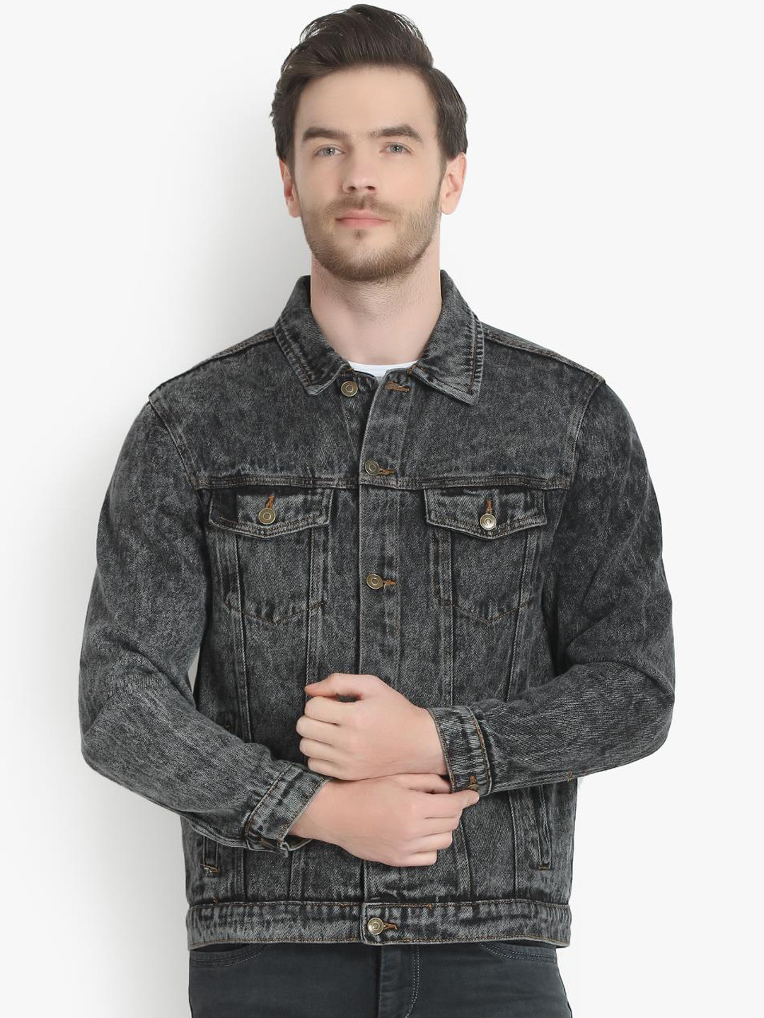 

Kotty Men Charcoal Grey Solid Denim Jacket