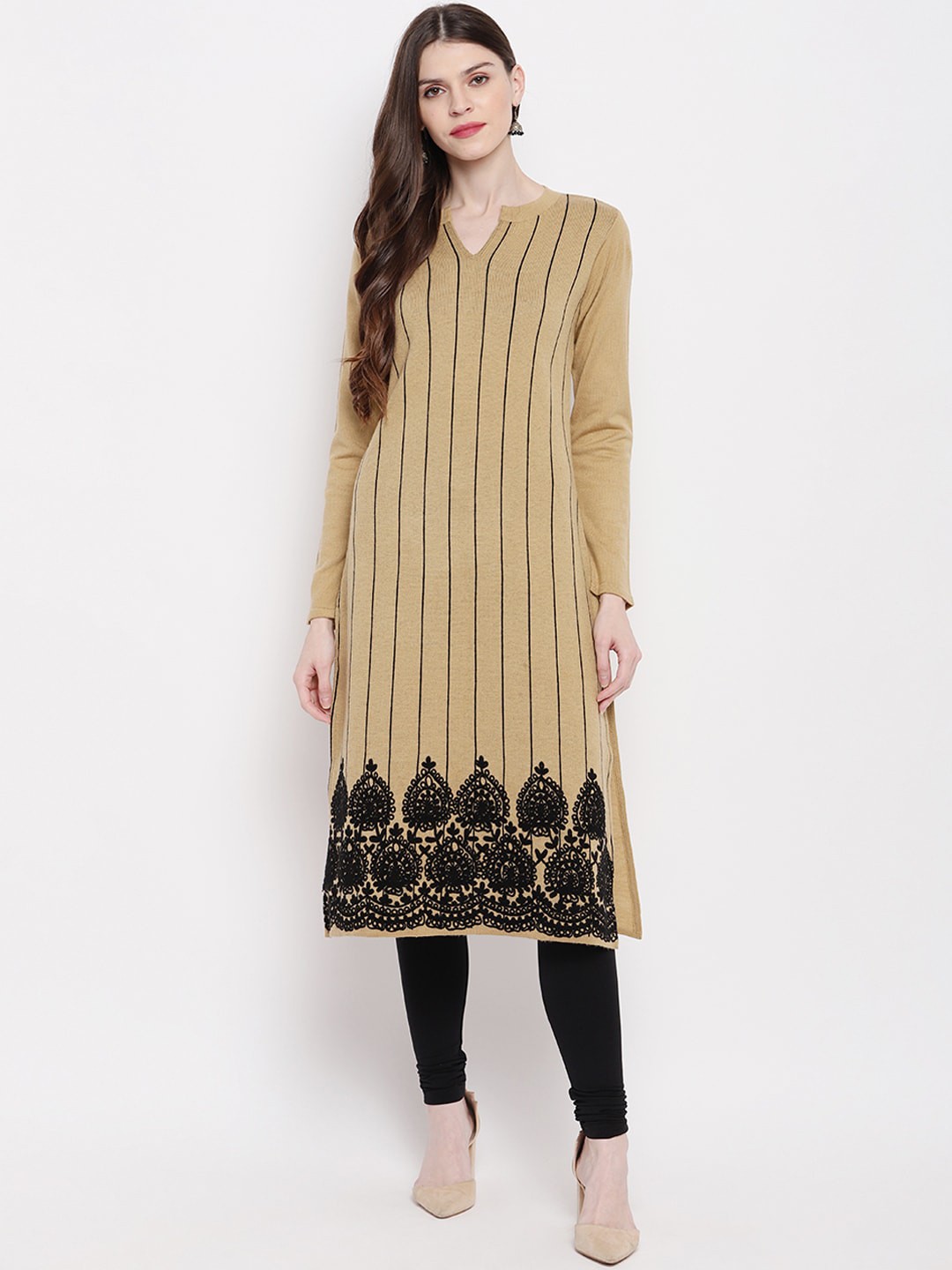 

Janasya Women Acrylic Beige & Black Striped A-Line Kurta