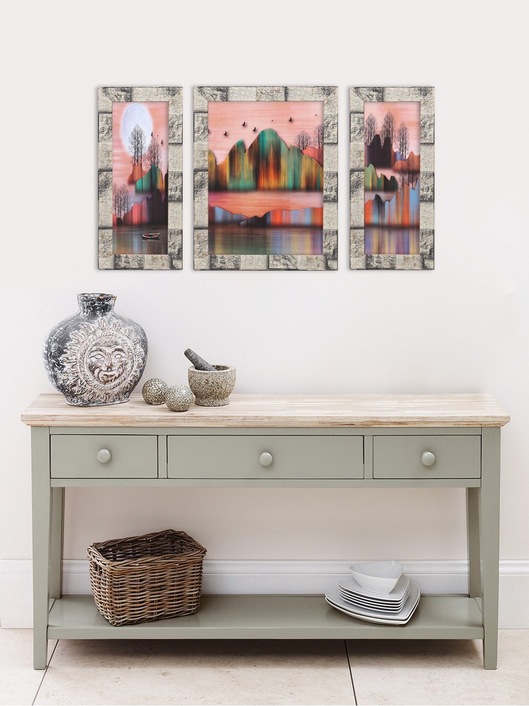 

Indianara Set Of 3 Pink & Green Framed Nature Wall Painting