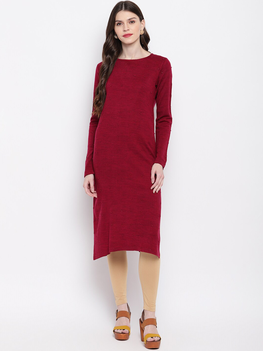 

Janasya Women Red Woven Design Straight Woollen Winter Kurta