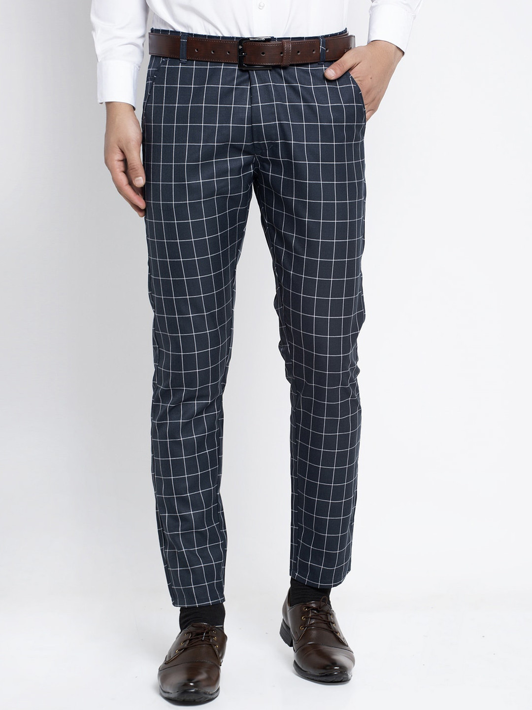 

JAINISH Men Navy Blue & White Slim Fit Checked Formal Trousers