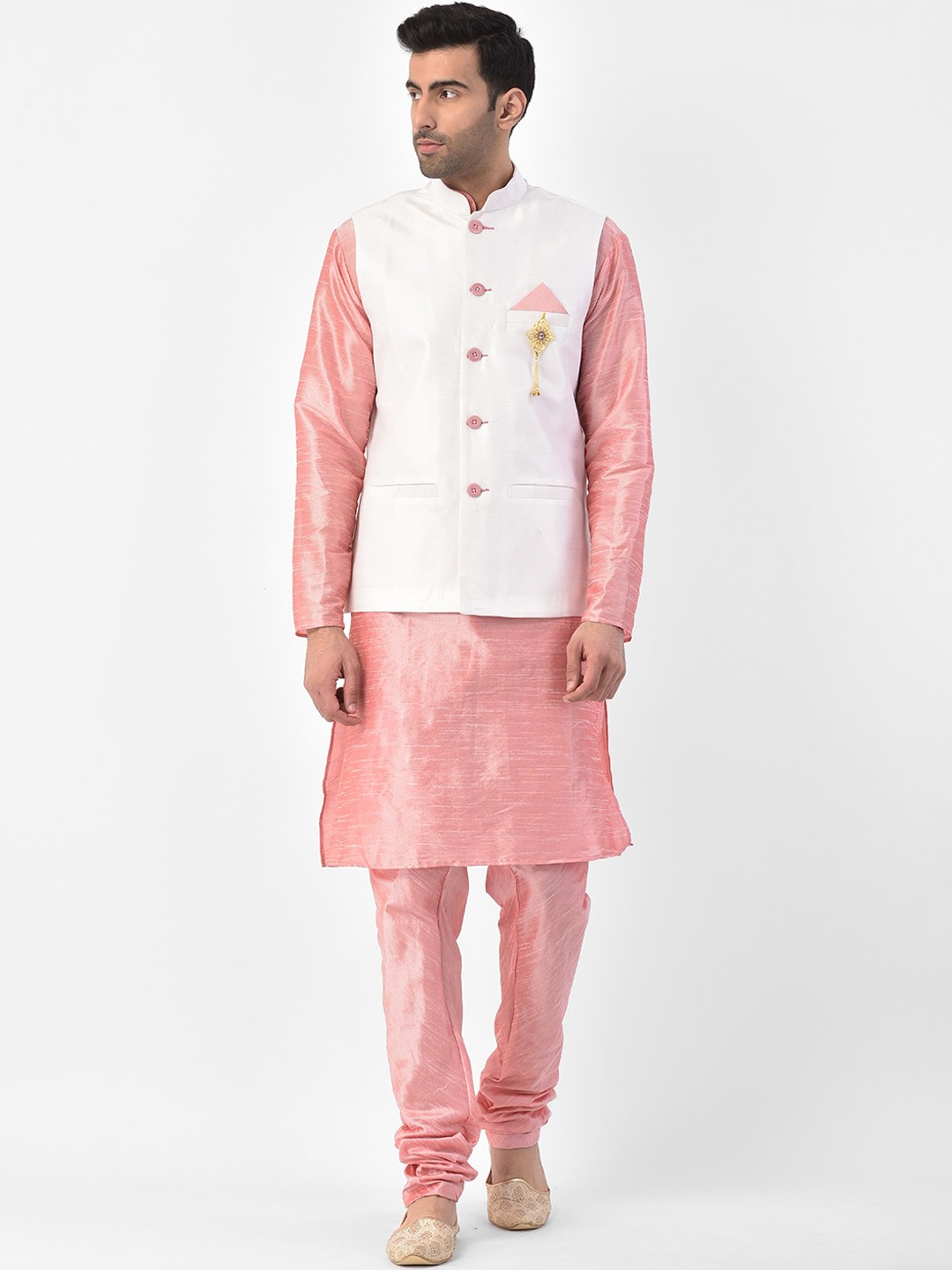 

SG LEMAN Men Pink & White Solid Kurta with Churidar & Jacket