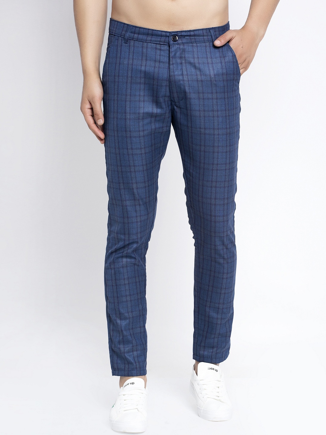 

JAINISH Men Navy Blue Slim Fit Checked Regular Trousers
