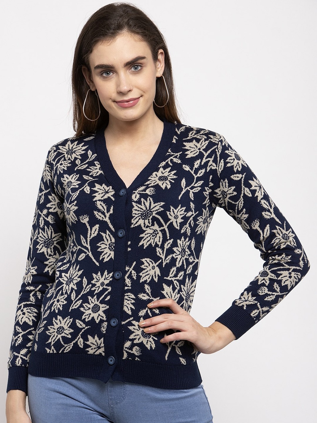 

Kalt Women Navy Blue Printed Cardigan Sweater