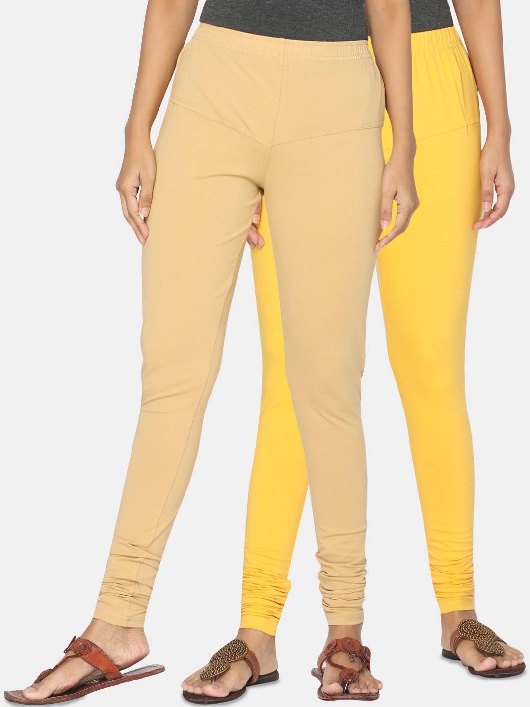 TSG Bliss Women Pack Of 2 Beige & Yellow Solid Churidar-Length leggings