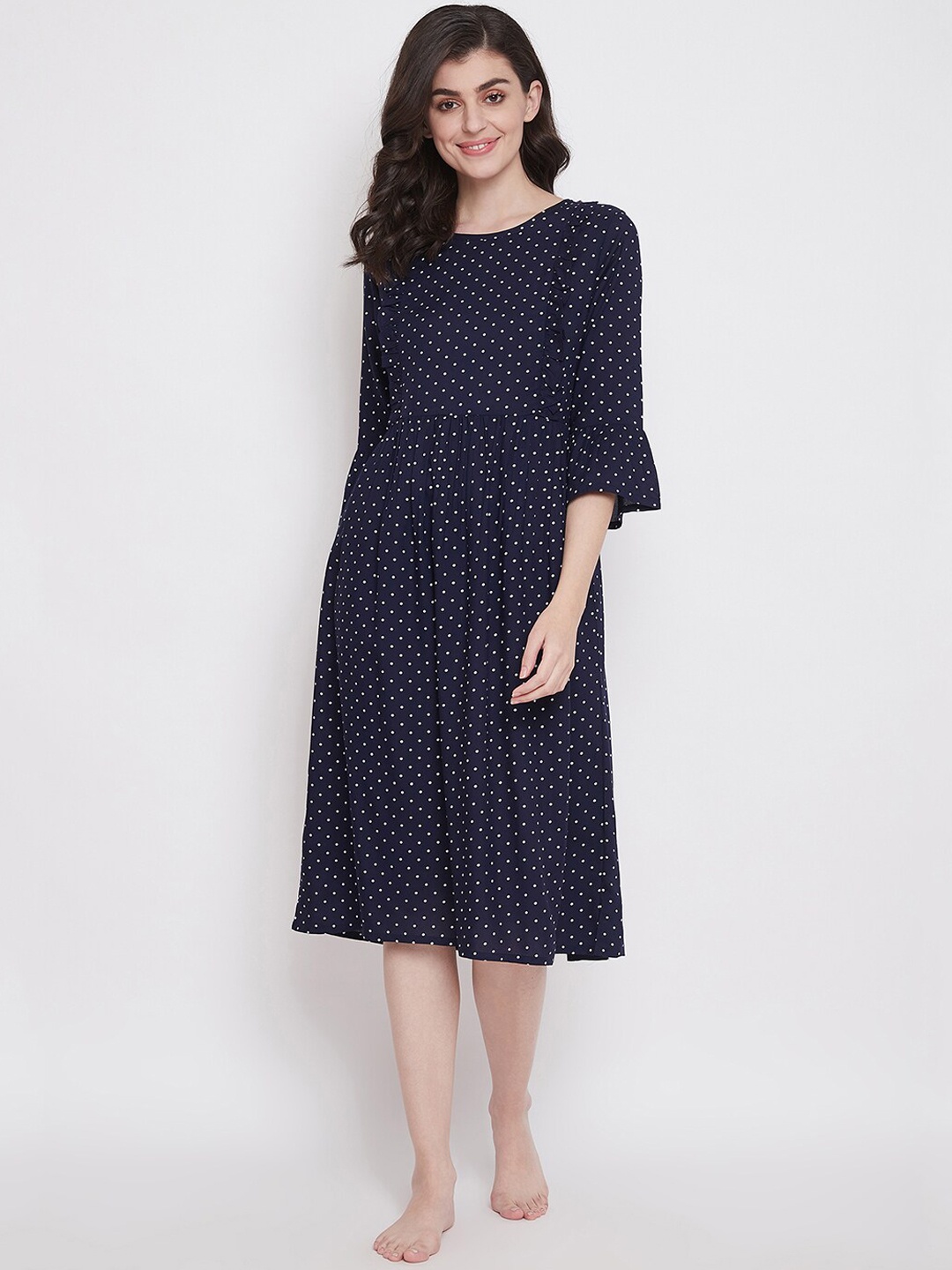 

Clovia Women Mini Polka Dots Print Feeding Maternity Midi Nightdress, Navy blue