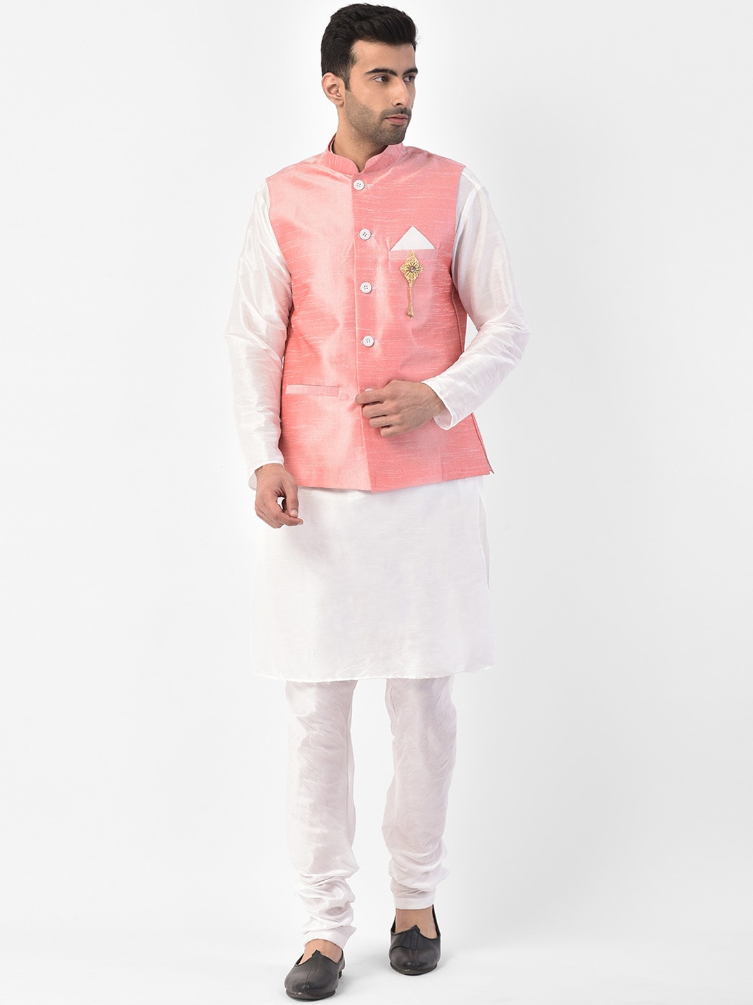SG LEMAN Men Pink & White Solid Kurta with Churidar