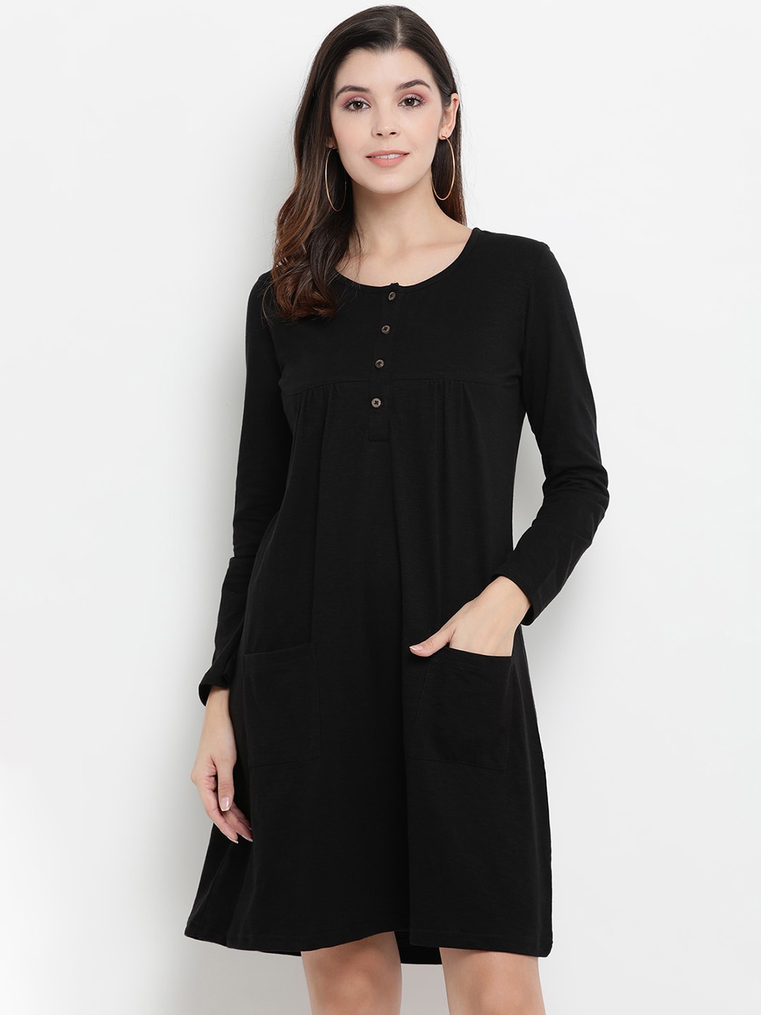 

THREAD MUSTER Women Black Solid A-Line Dress