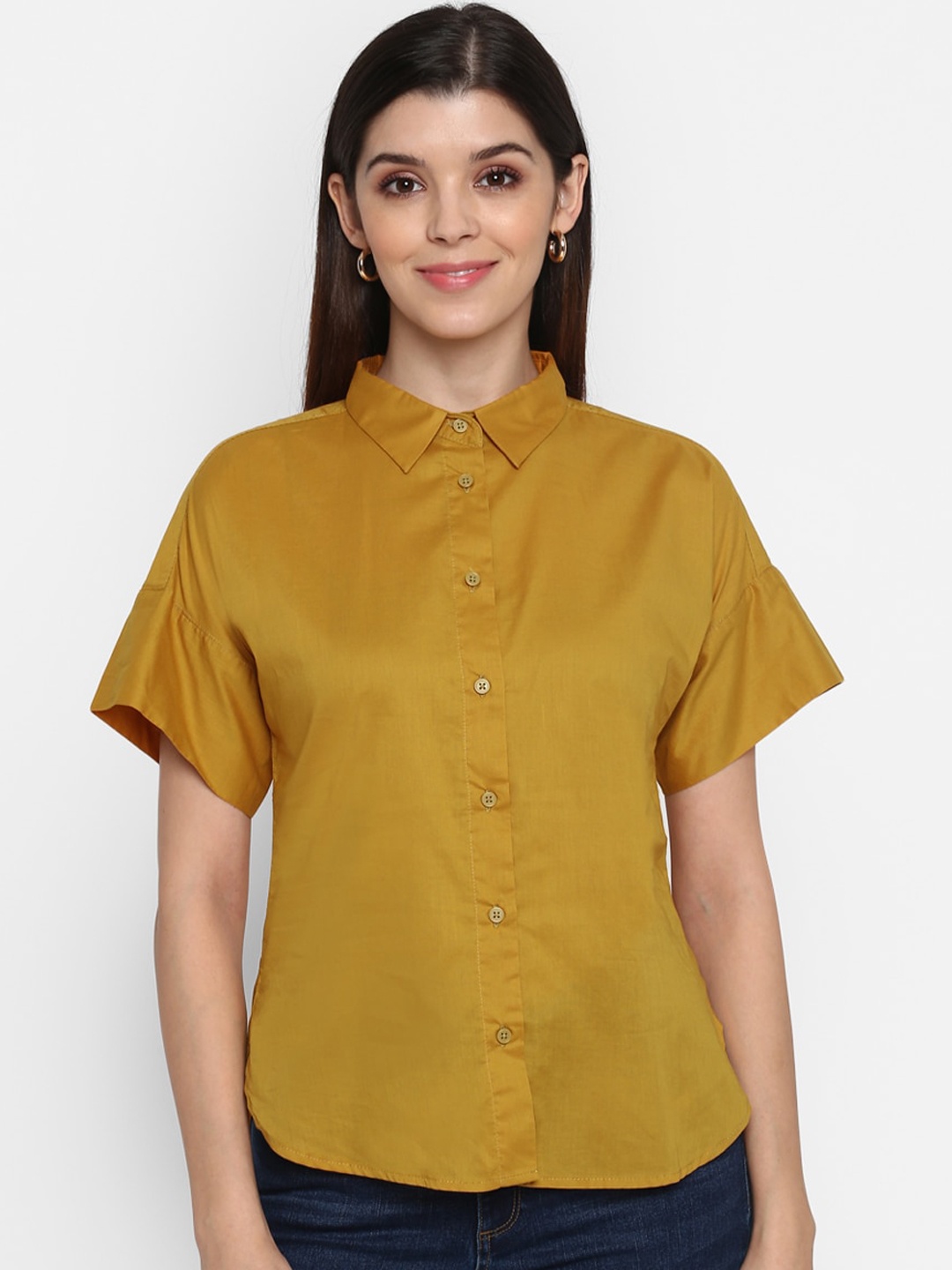 

Mode by Red Tape Women Mustard Yellow Regular Fit Solid Cotton Casual Shirt