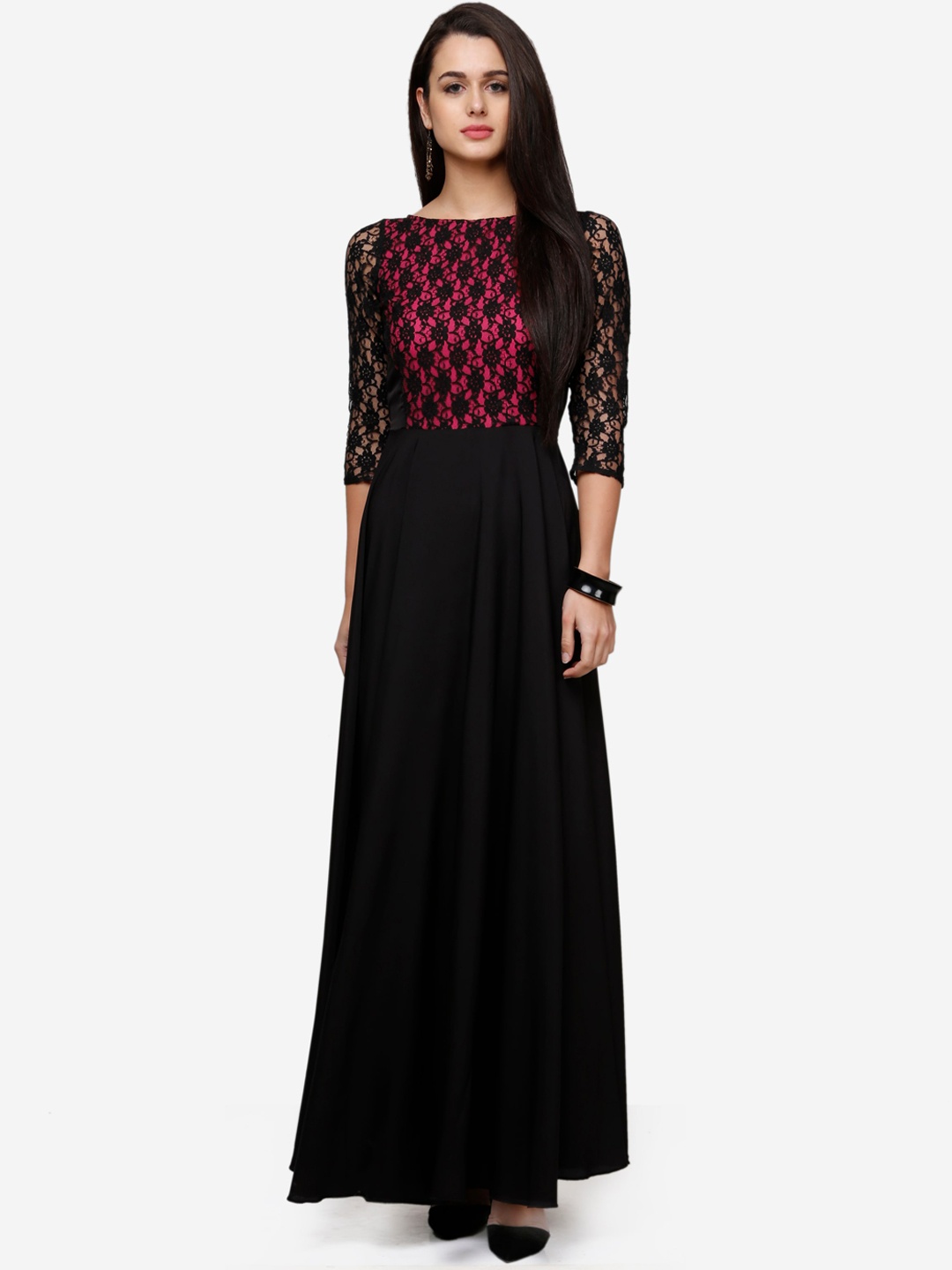 V&M Women Black & Pink Floral Lace Maxi Dress