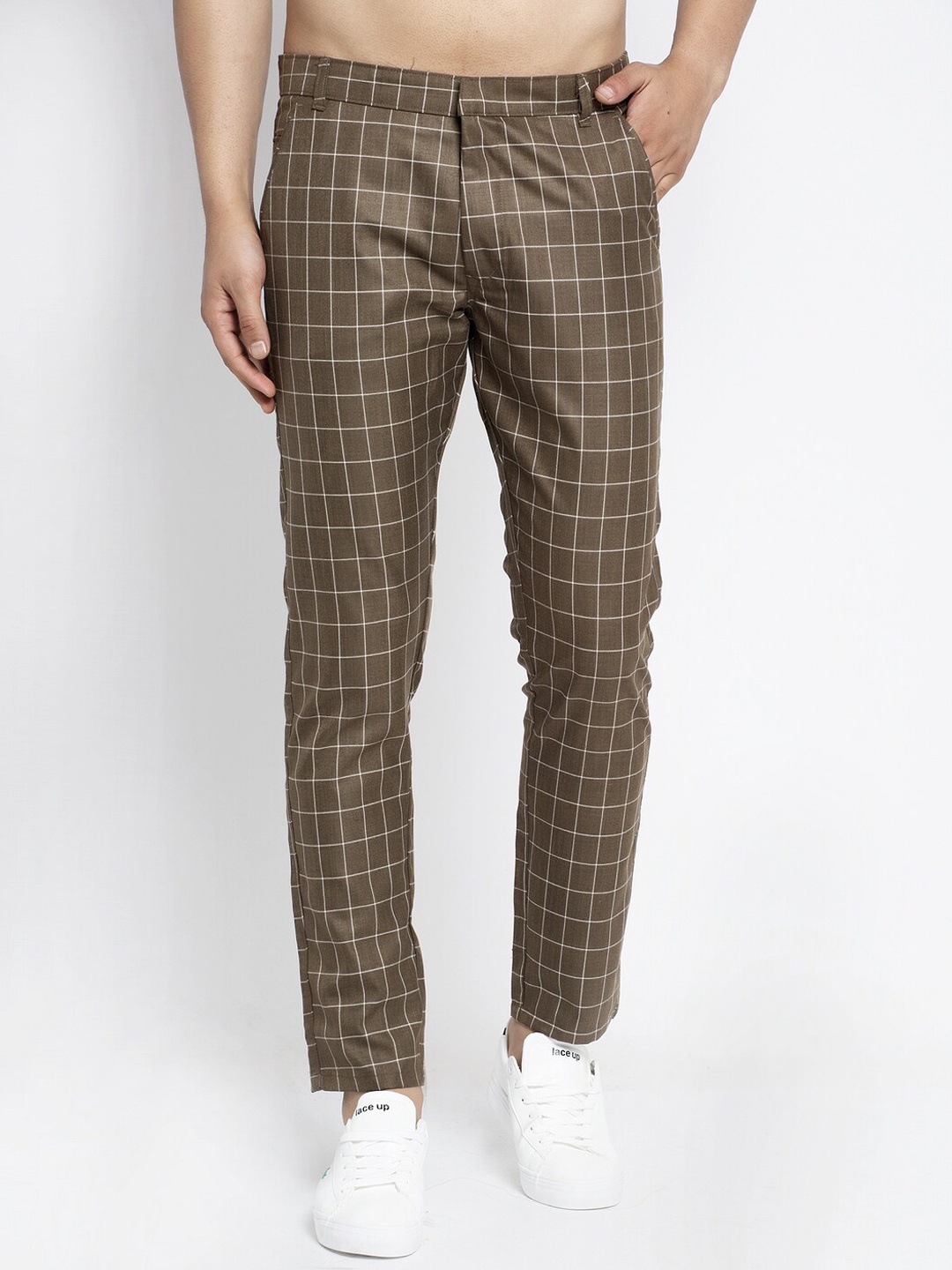 

JAINISH Men Coffee Brown & White Slim Fit Checked Regular Trousers
