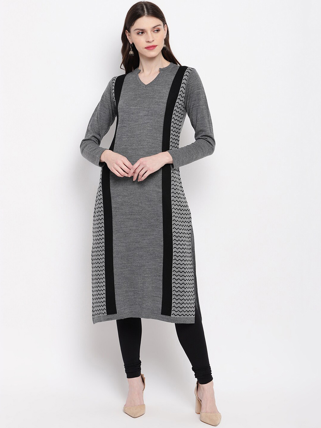 

Janasya Women Acrylic Grey & Black Woven Design Straight Woolen Kurta