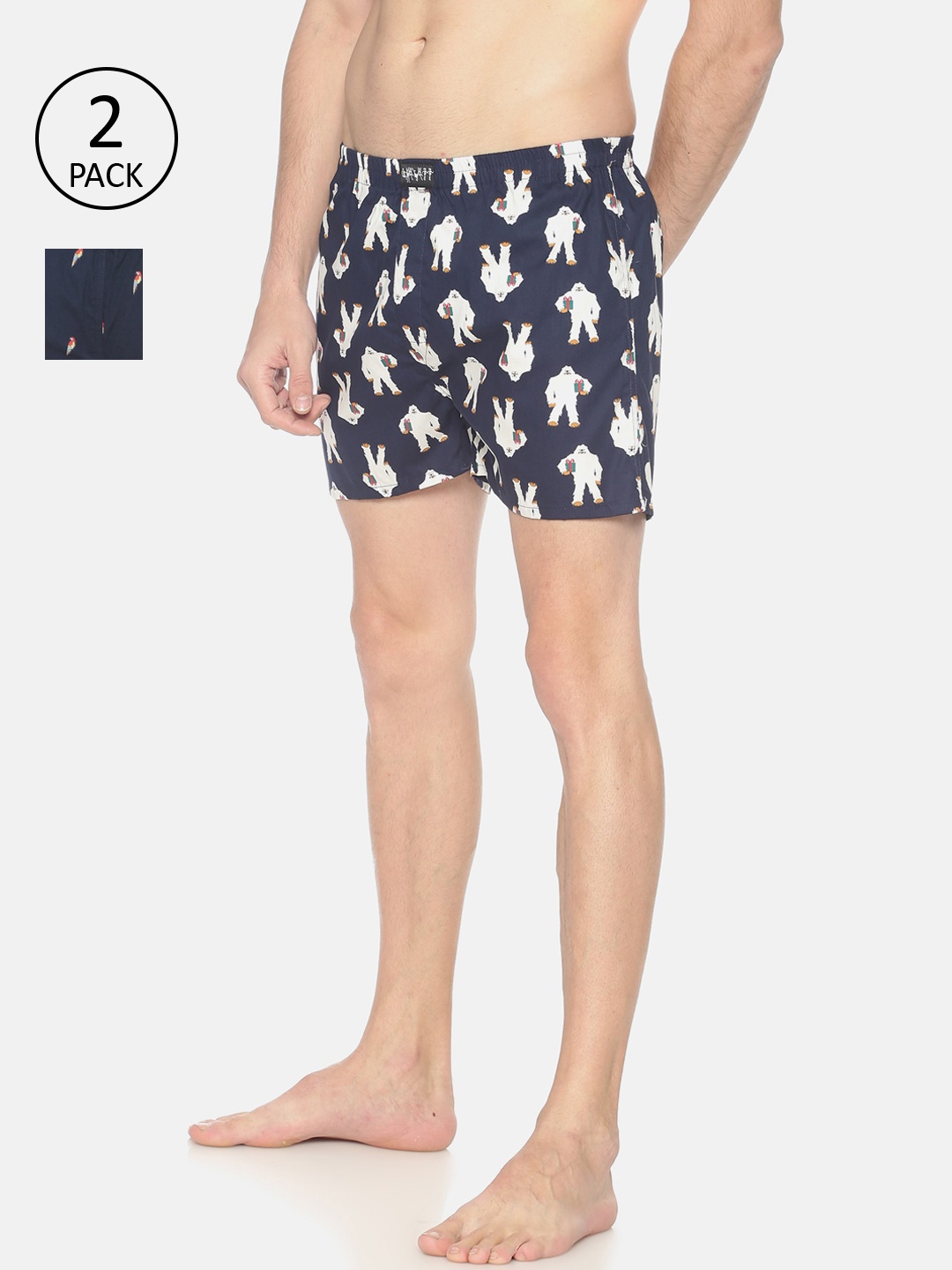 

SHOWOFF Men Pack Of 2 Printed Pure Cotton Boxers, Navy blue