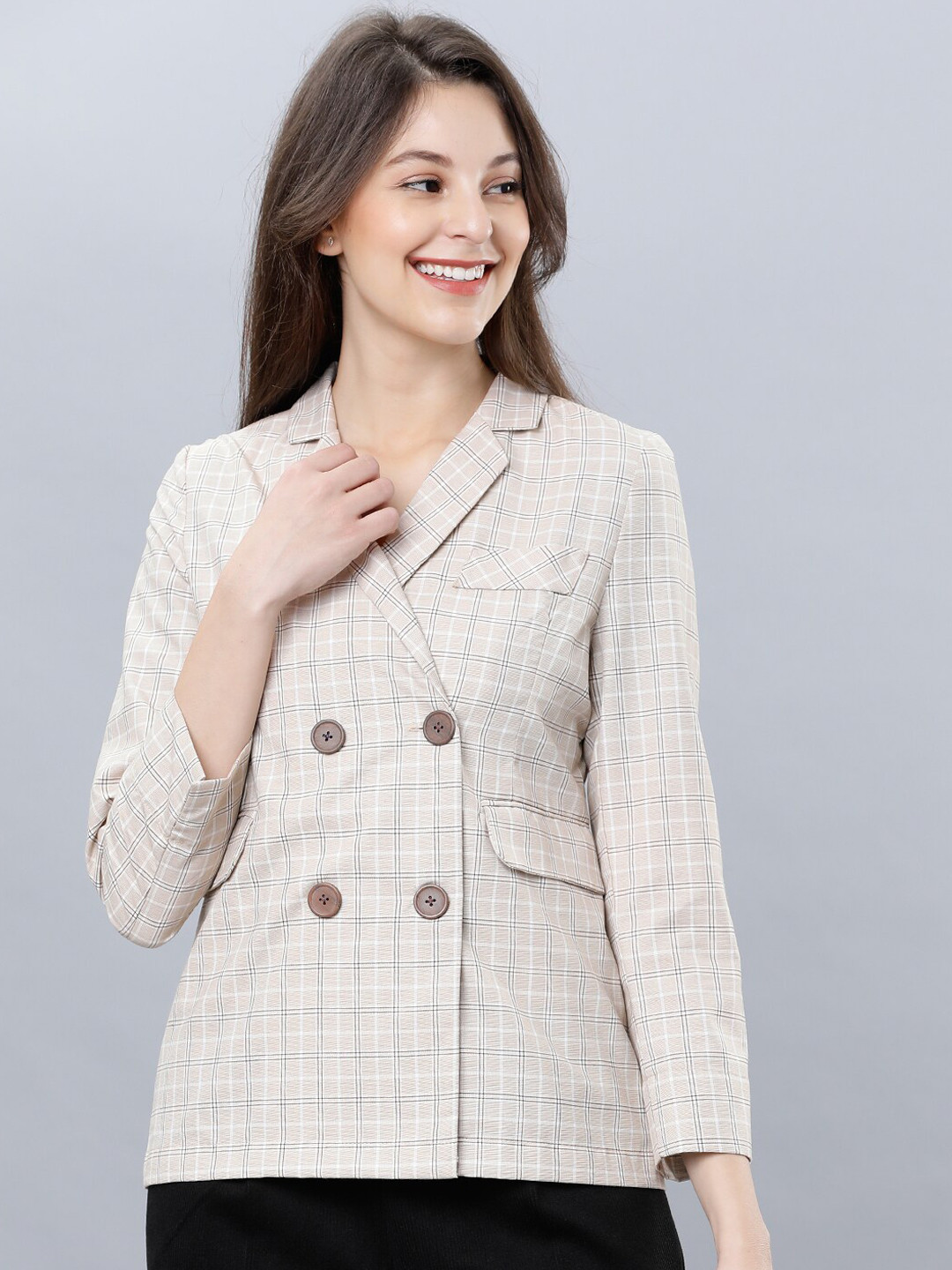 

CHIC BY TOKYO TALKIES Women Beige Checked Single-Breasted Casual Blazer