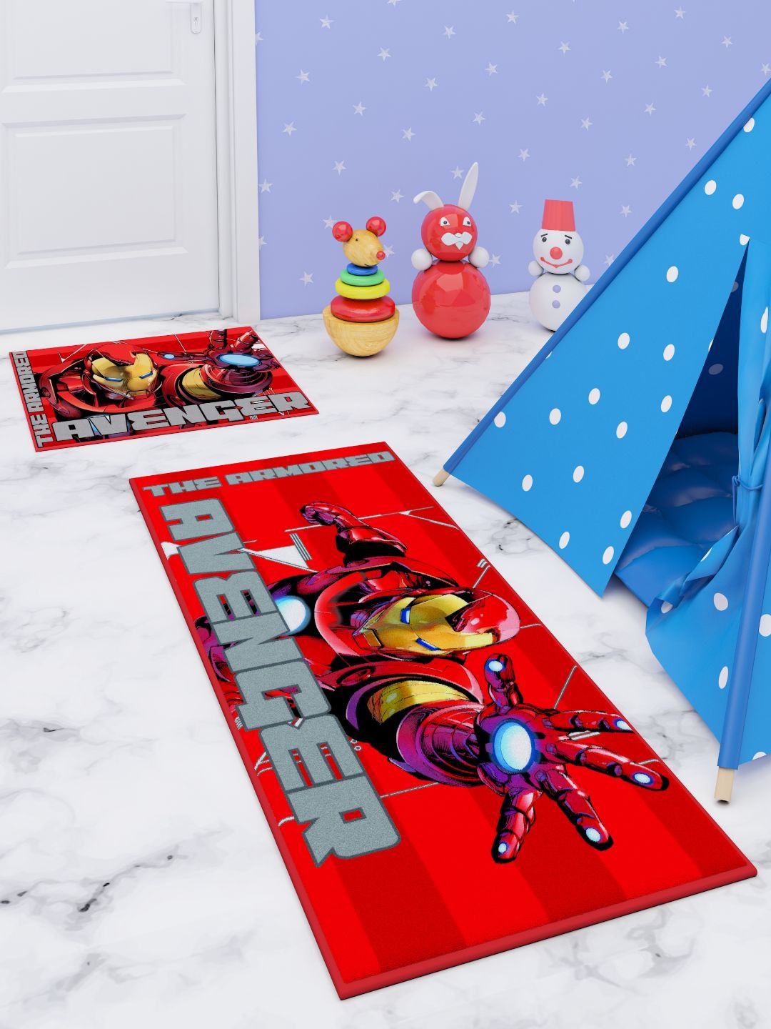 Marvel Set Of 2 Blue & Pink Printed Premium Runner Carpet & Doormat, Red