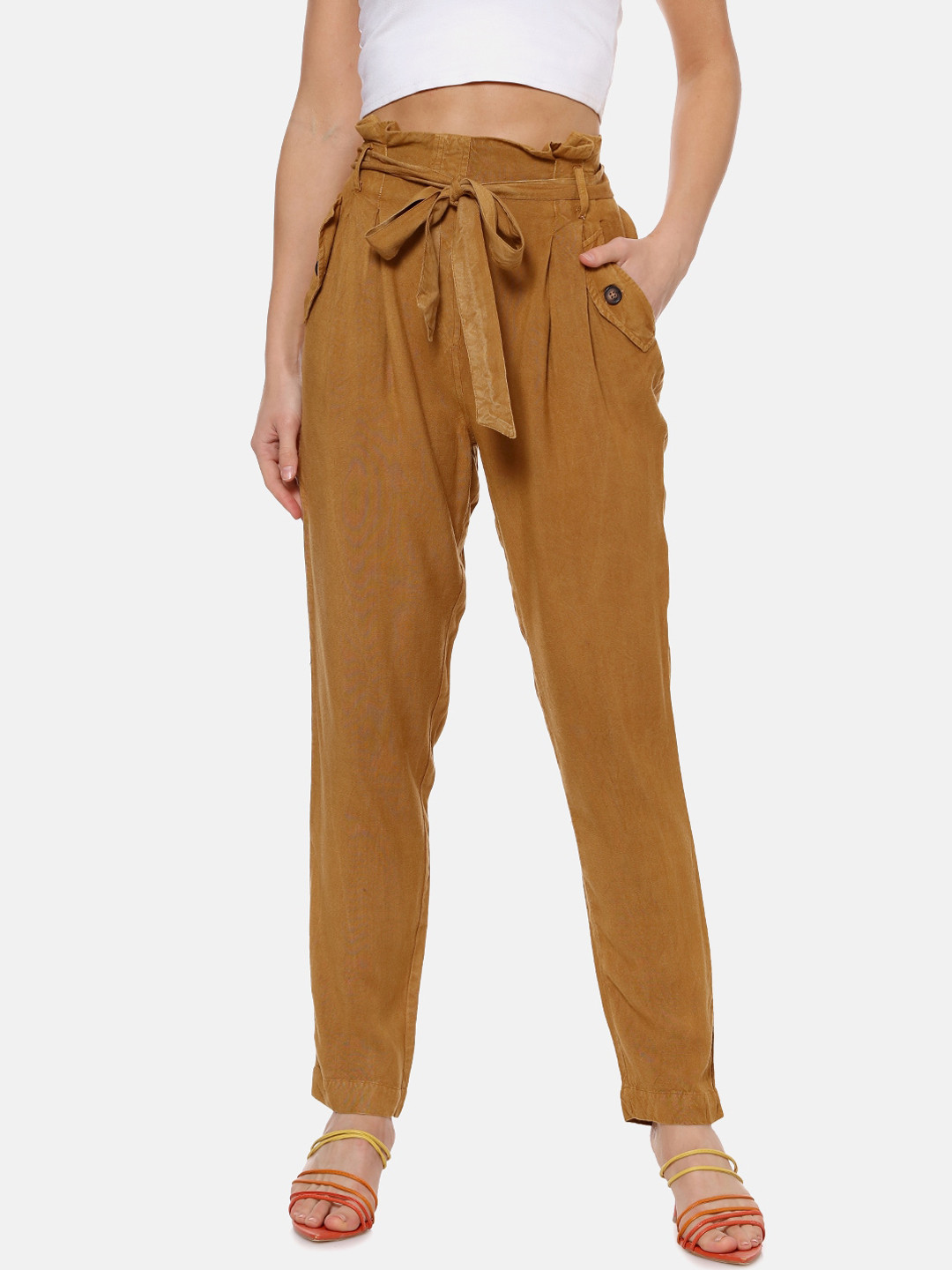 

Campus Sutra Women Brown Solid Peg Trousers
