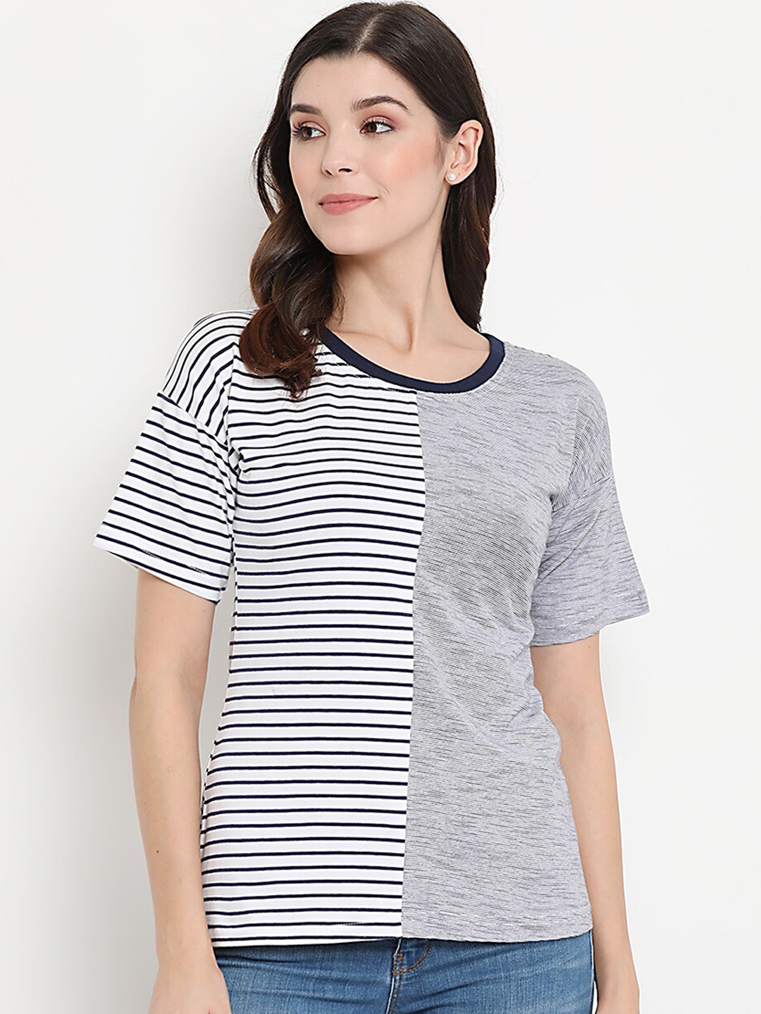 

THREAD MUSTER Women White & Navy Blue Striped Pure Cotton Top